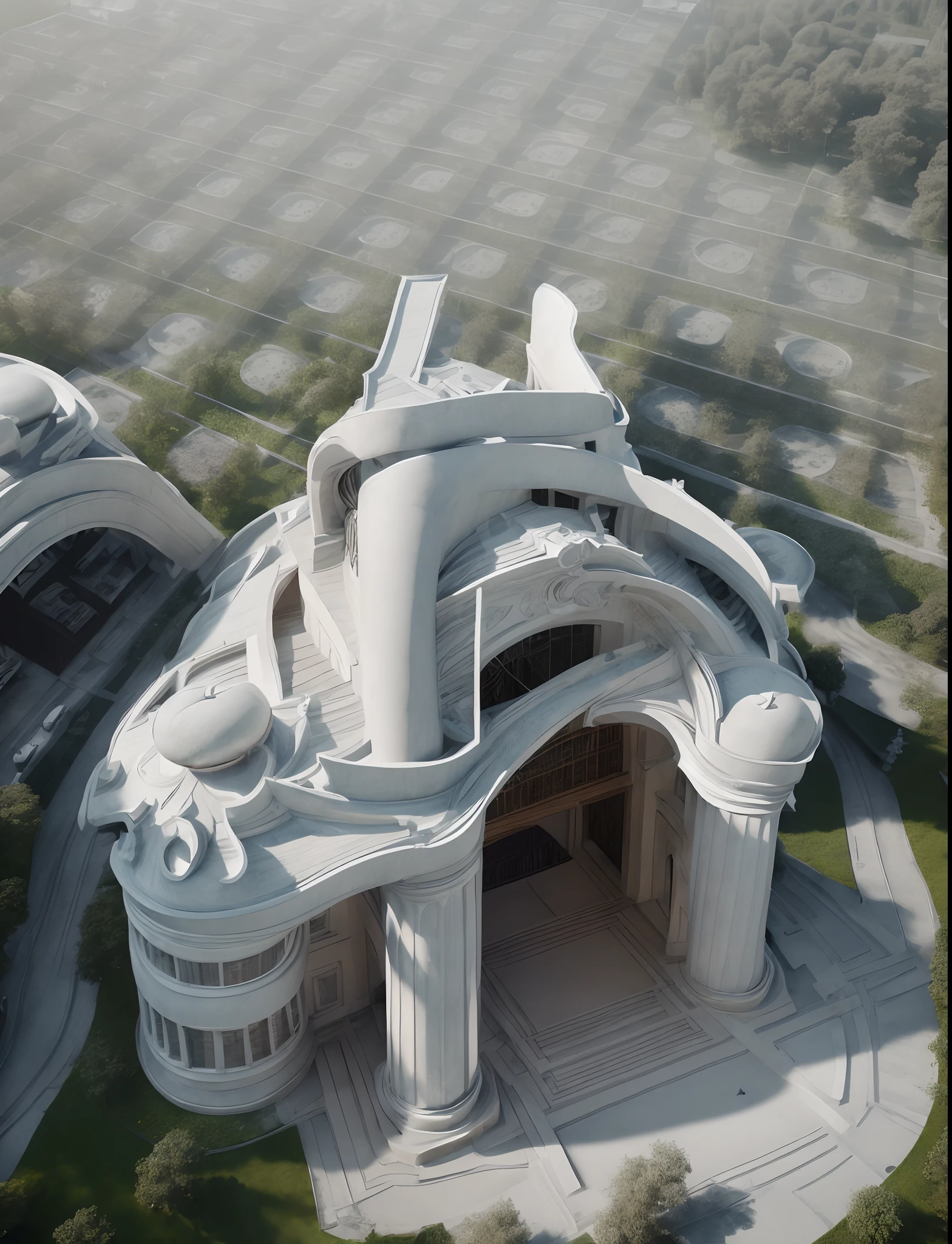 Exterior, house, luxury, neoclassical architecture, many columns, many molding details, many reliefs, European, artistic iron railings, wooden doors, reflective glass material, white wall paint, Stone wall, wooden ceiling, in the city, crowded street, many cars, many people, many trees, dawn, cloudy sky, column lighting, 8k, vray rendering