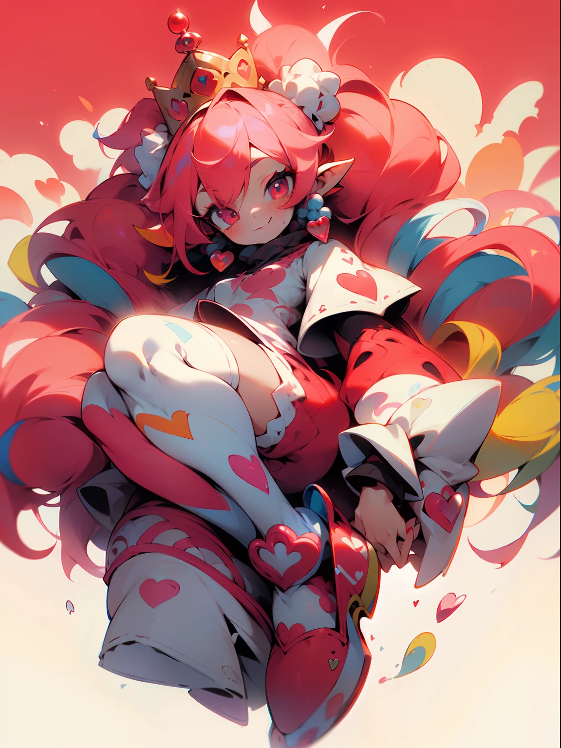 crazy cloud haired girl, pink hair, full body picture, pink eyes, heart shaped pupils, insane smile, blood splatter, 1GIRL, insane girl in long pink hair, crown, princess bubblegum style, finely detailed, (best quality), (intricate details), cute style, loli, jester style, multicolored, ((long pink messiest hair in pigtails)), best quality, ((long sleeve shirt and shorts)), ((red and white clothes)), ((jester style clothes)), ((thigh high socks)), ((round eyes)), ((has jester makeup)), beautiful face, happy, cute face, pinup, perfect face, simple background portrait, clowh hear cards, bubble gums