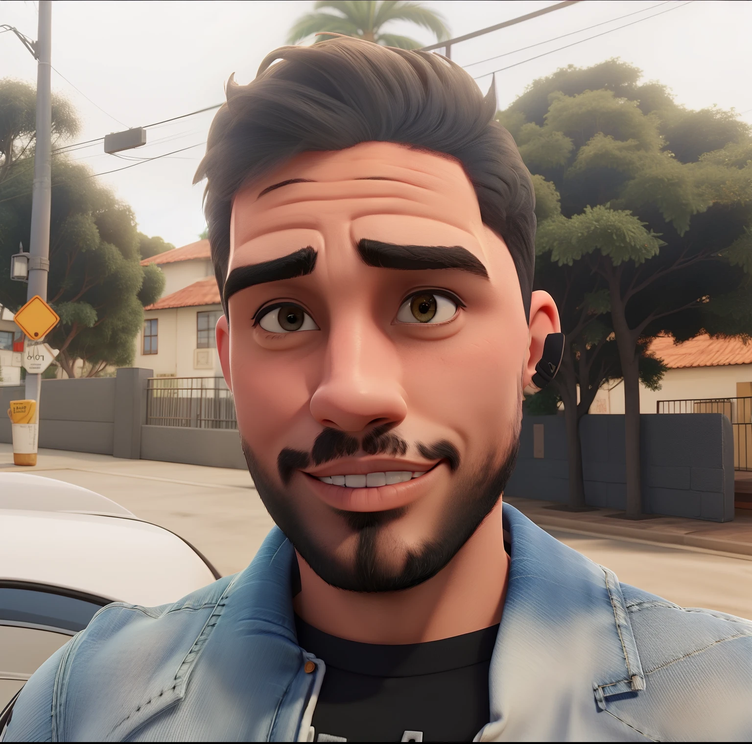 Homem com barba preta, jaqueta jeans e blusa preta