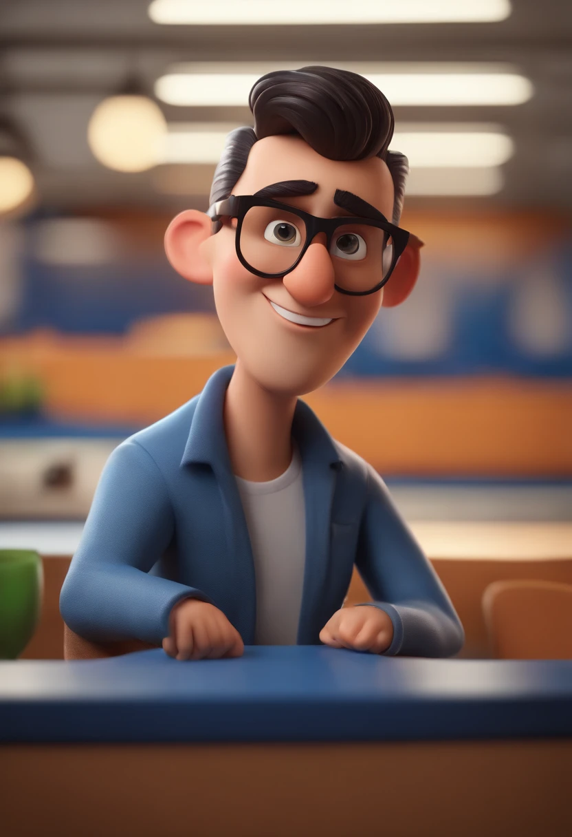 Cartoon character of a man wearing black glasses and a blue shirt, um personagem animado, Caractere estilizado, animation style rendering, 3D estilizado, Arnold Maya render, 3 d render stylized, toon render keyshot, Personagem 3D, Personagem 3D, 3d rendering stylized, 3 d character render, personagem de desenho animado, Personagem de close up, Pose de personagem, (Estilo Pixar) (master part:1.2) (Bokeh) (best quality) (pele detalhada) (textura detalhada) (8k) (argila) (Cinematic lighting) (foco nítido,Senta e vaza a parte superior do corpo