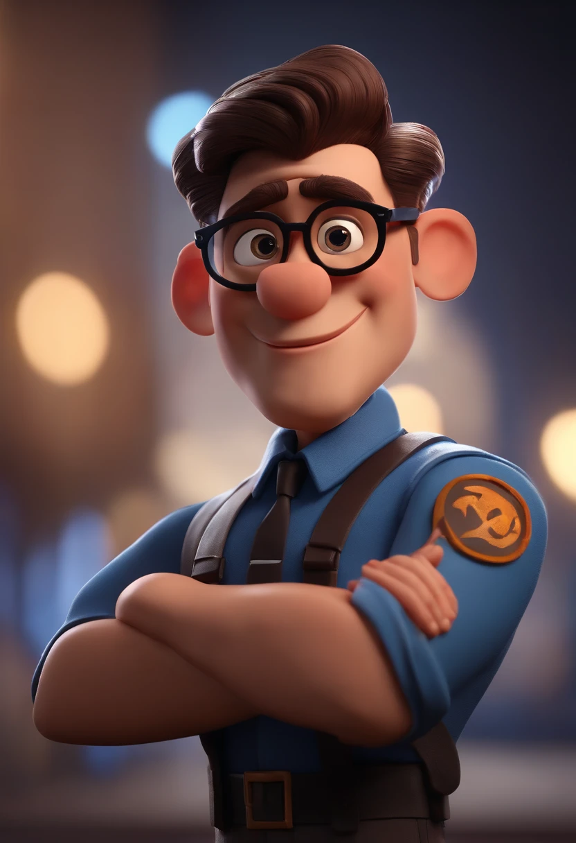 Cartoon character of a man wearing black glasses and a blue shirt, um personagem animado, Caractere estilizado, animation style rendering, 3D estilizado, Arnold Maya render, 3 d render stylized, toon render keyshot, Personagem 3D, Personagem 3D, 3d rendering stylized, 3 d character render, personagem de desenho animado, Personagem de close up, Pose de personagem, (Estilo Pixar) (master part:1.2) (Bokeh) (best quality) (pele detalhada) (textura detalhada) (8k) (argila) (Cinematic lighting) (foco nítido,Senta e vaza a parte superior do corpo