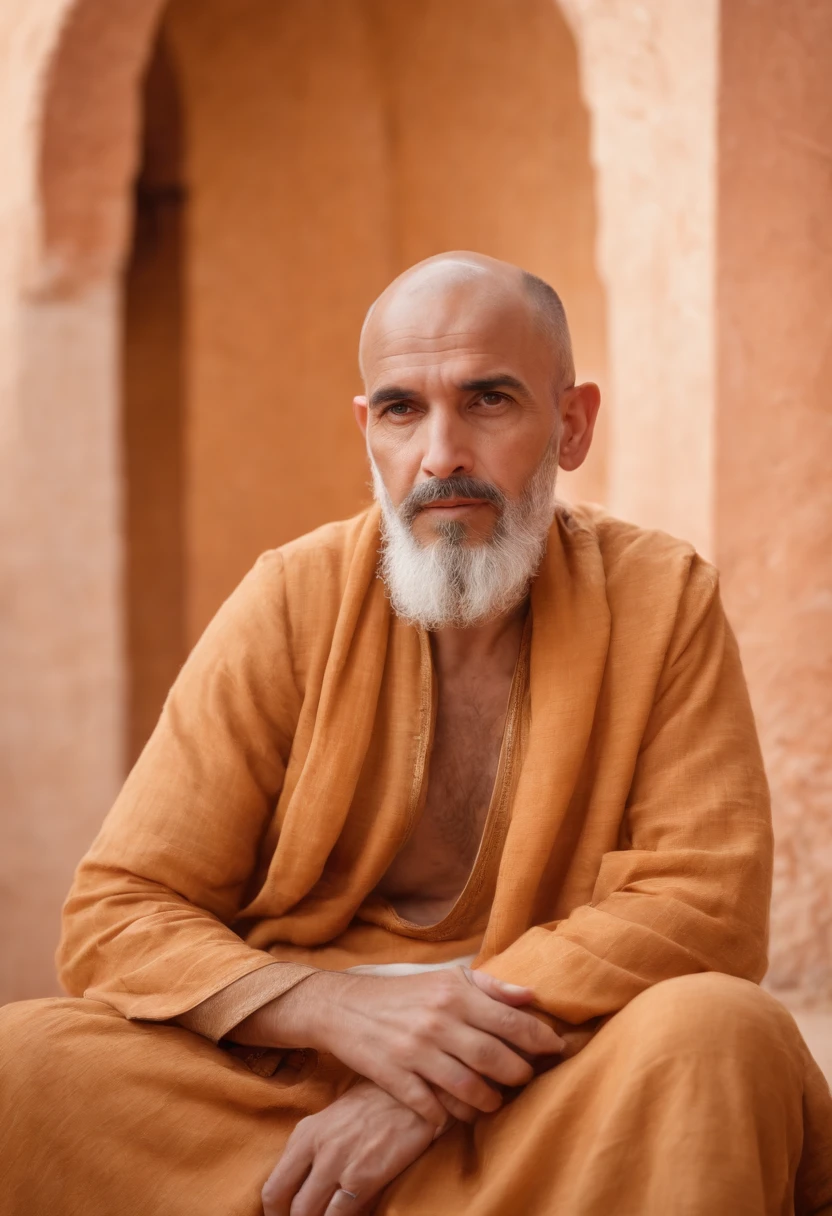 um velho, The Leader of the Protectors, Com uma longa barba branca e pele clara, totalmente vestido com trajes marroquinos, Bald man with no hair is staring at the screen. alta qualidade, 4k resolution, ultra-detalhado, e foto-realista, capturando cada detalhe intrincado. The artwork resembles a traditional oil painting, com cores vivas e uma paleta que reflete os tons quentes do deserto marroquino. The lighting is soft, mas ilumina o rosto do homem, showing the deep lines and wisdom etched into his features. Cercando-o, Intricate patterns and ornaments showcase the rich Moroccan culture. A cena se passa em um belo jardim marroquino, cheio de folhagem exuberante, Flores em flor, and splashes of water. O jardim cria uma atmosfera tranquila e serena, Enveloping the old man in an oasis of peace.