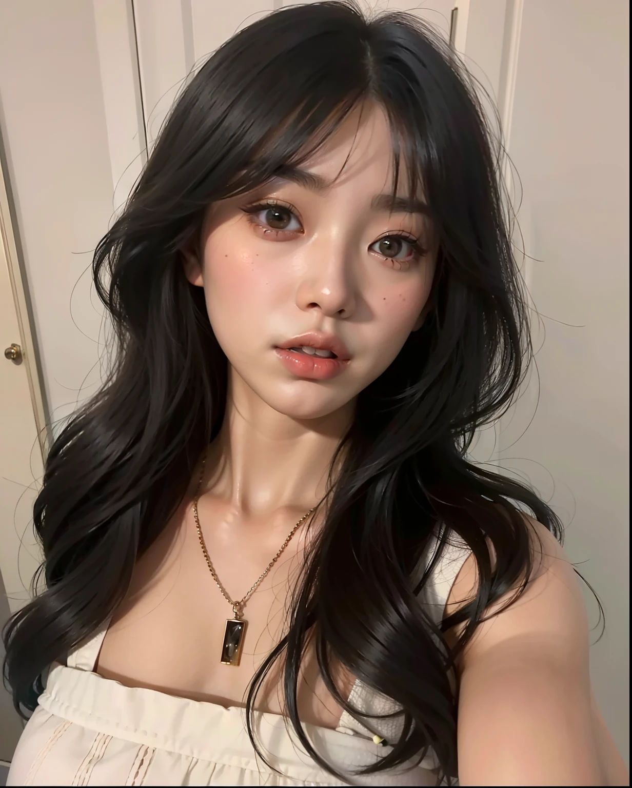 um close up de uma mulher com longos cabelos pretos usando um vestido branco, Ulzzang,  coreana, young adorable korean face, maquiagem sul-coreana popular, maquiagem coreana popular, young cute wan asian face, Beautiful Asian girl, mulher coreana jovem bonita, korean face features, linda mulher coreana jovem, meninao-fino-cara, Asian girl with long hair