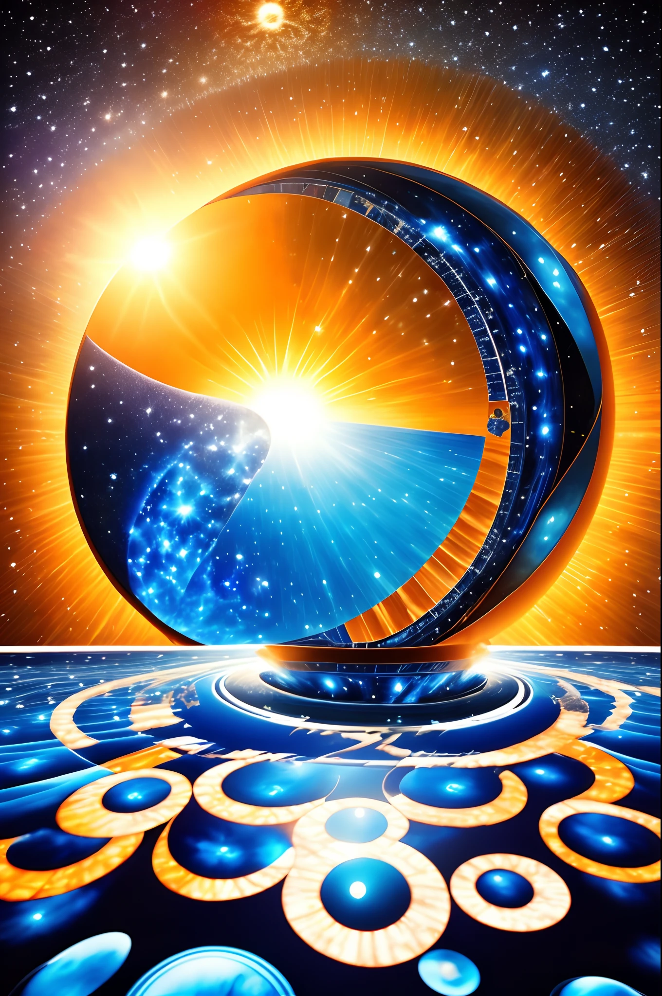 a blue planet rotating very quickly around its own axis in the center of the image, pieces of the planet begin to come loose.  On the left side, an orange sun the same size as the blue planet rotating quickly around its own axis.  On the right side, a yellow sun rotating quickly around its own axis.  There are parts of both suns coming loose and also rotating in the same direction.  As if the two suns were competing for the blue planet in a super battle of stars.