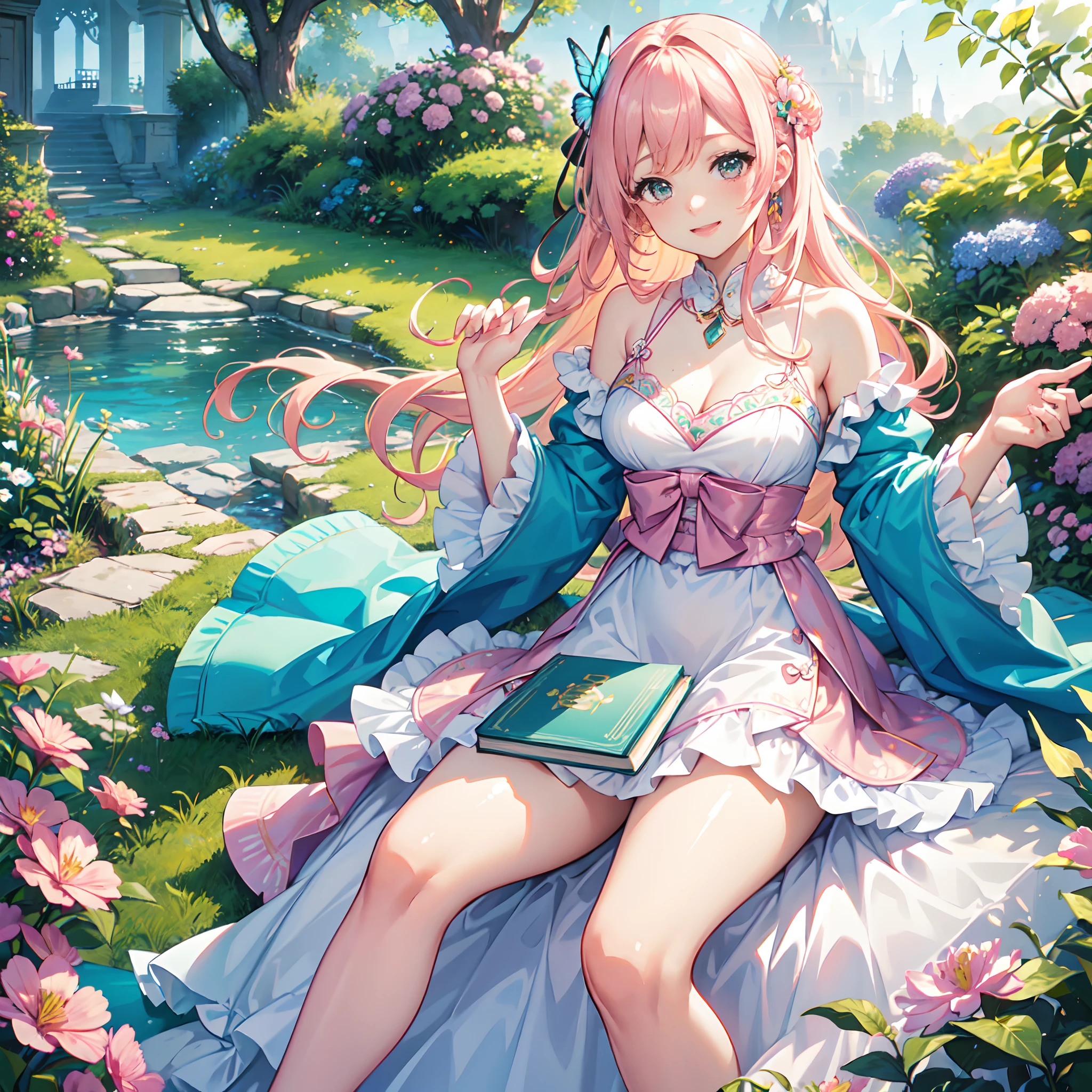 (best quality, 8k, masterpiece:1.2, nsfw ),Cutest,Cute girl,mesugaki,Beautiful face,Beautiful eyes,Beautiful hair, Light pink hair,Lots of colorful flowers,sunshine,peaceful garden,summer dress,holding a book,smiling,golden hour lighting,vibrant colors,happy expression,
soft breeze,gentle makeup,freckles,blonde hair,flowing dress,pastel colors,fairytale atmosphere,fluttering butterflies,dreamy atmosphere,vivid greenery。