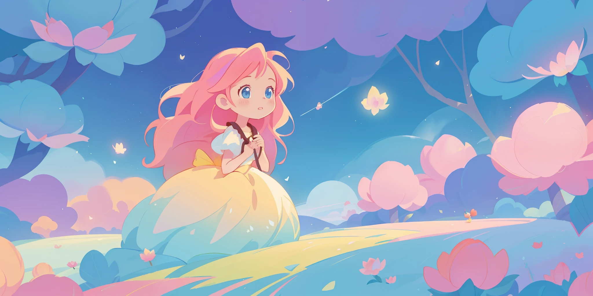 beautiful girl in puffy glowing ballgown, a field with round puffball pink flowers, otherworldly flowers, whimsical landscape, long pink flowing hair, watercolor illustration, inspired by Glen Keane, inspired by Lois van Baarle, disney art style, by Lois van Baarle, by Glen Keane, jen bartel, digital painting, beautiful digital illustration, fantasia otherworldly landscape plants flowers, beautiful, masterpiece, best quality, anime disney style, Glen Keane, jen bartel, (((beautiful girl))), golden ratio, perfection composition