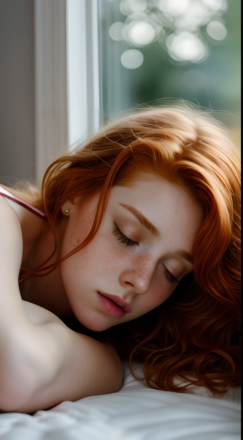 1girl in, 19, Solo, Aesthetic artwork, irish redhead, wavy ginger hair, shoulder length ginger hair, gray eyes, light grey eyes, some small freckles, pale skin, A-cup, small breasts, runners body, fullbody shot, (textured skin, skin pores:1.1), (moles:0.8), imperfect skin, goosebumps, in a dimly lit bedroom, lying down on her side, curled up on bed, curled up into a ball, Sleeping soundly, bed, lay down, very clean feet, ((Take a nap in the bed by the window)), Sleep deeply, use the beds more widely, Relax and sleep, Sloppy sleeping appearance, (fetal position: 1.7), (sad:1.3), crying, depressed expression, pouting, (extremely detailed 8k wallpaper), soft lighting, high quality, film grain, Fujifilm XT3 sharp focus, f 5.6, 50mm, High Detail, Sharp focus,(natural light), (seductive), Realistic, ultra realistic, photo realistic, crazy details, complex details, hyper detailed,