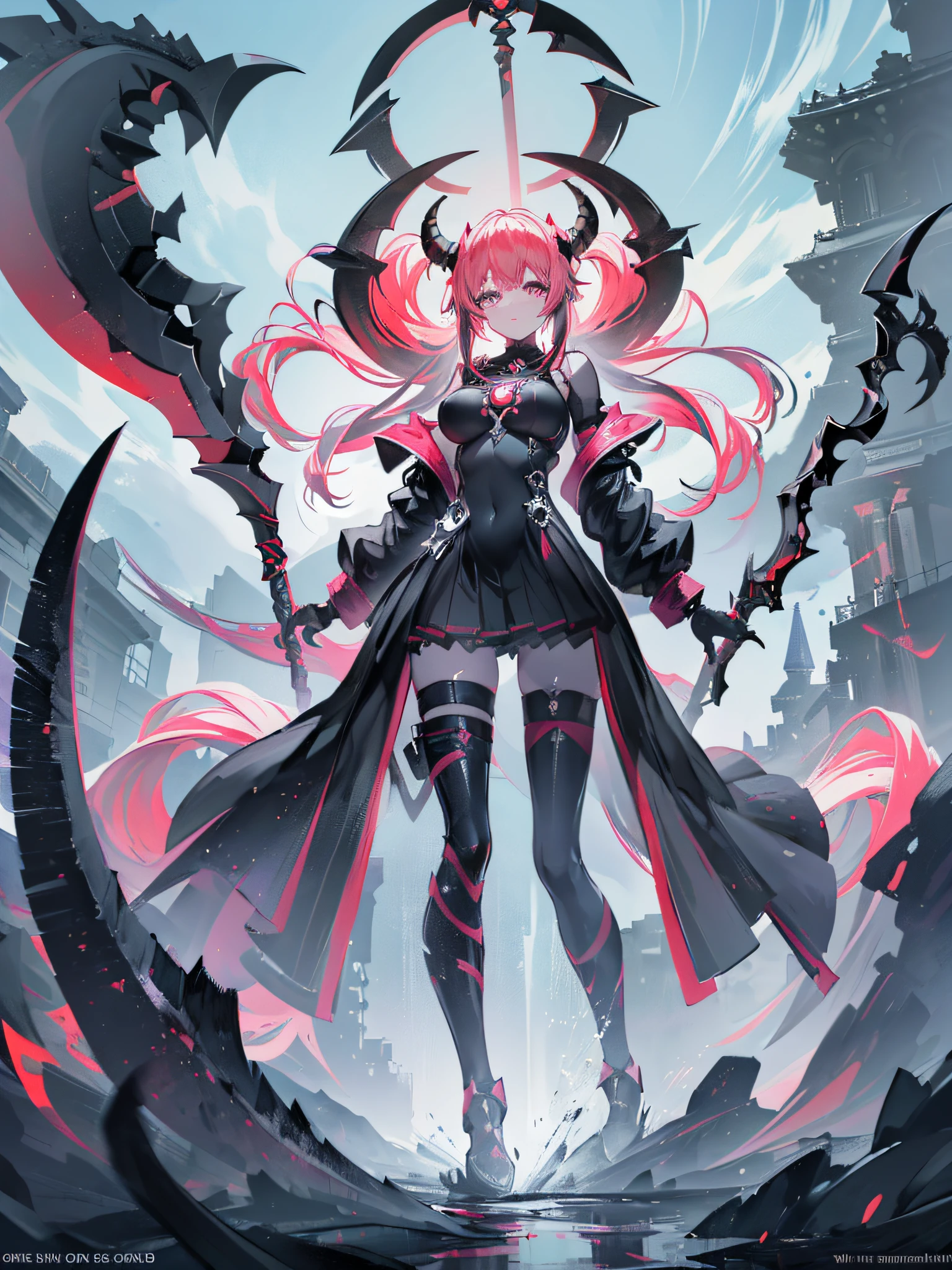 A girl with long curled horns, (((the girl is the FINAL BOSS))), her face is very angry, big pink eyes, moving hair, long sideburns, final boss clothes, walking on the water, ripples where she steps , possession pose, full body, (((holding a GIANT black scythe))), {extremely detailed 16k CG unit wallpaper}, expansive landscape photography, (a view from below with focus on character and setting ), (wide open field view), (low angle shot), (high light: 1.5), (low light: 1.4), (warm light source: 1.4), complex details, (iridescent colors: 1.8), (bright lighting), (atmospheric lighting), dreamy, cinematic, unique