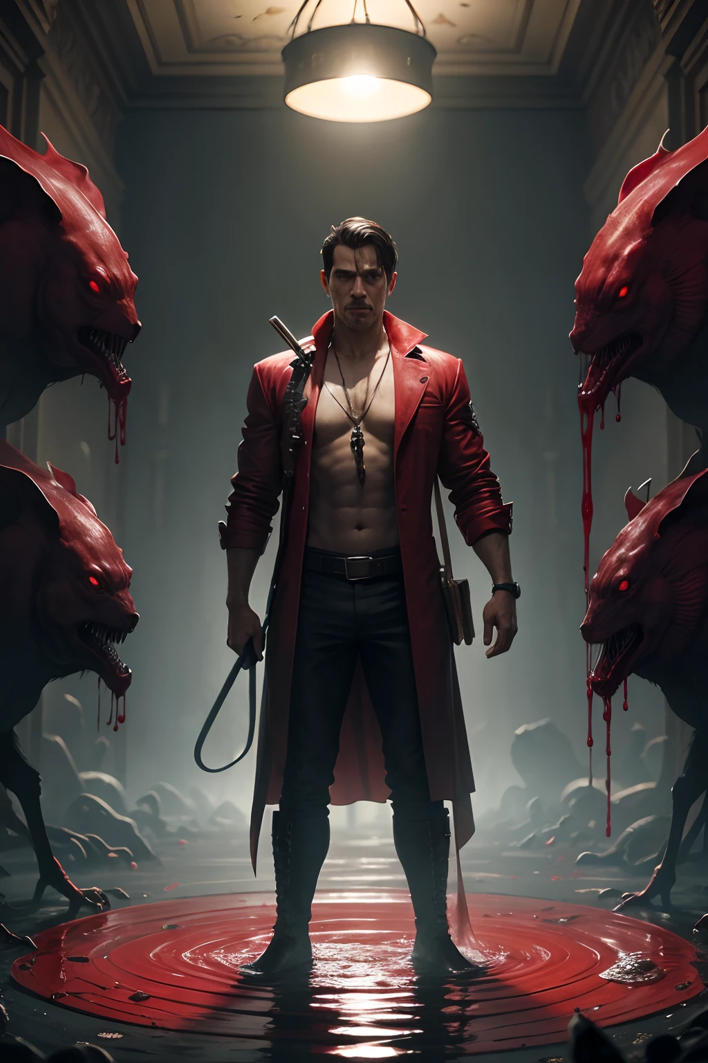 A man standing in a pool of blood, holding a bloody kotana and surrounded by disgusting, ugly creatures