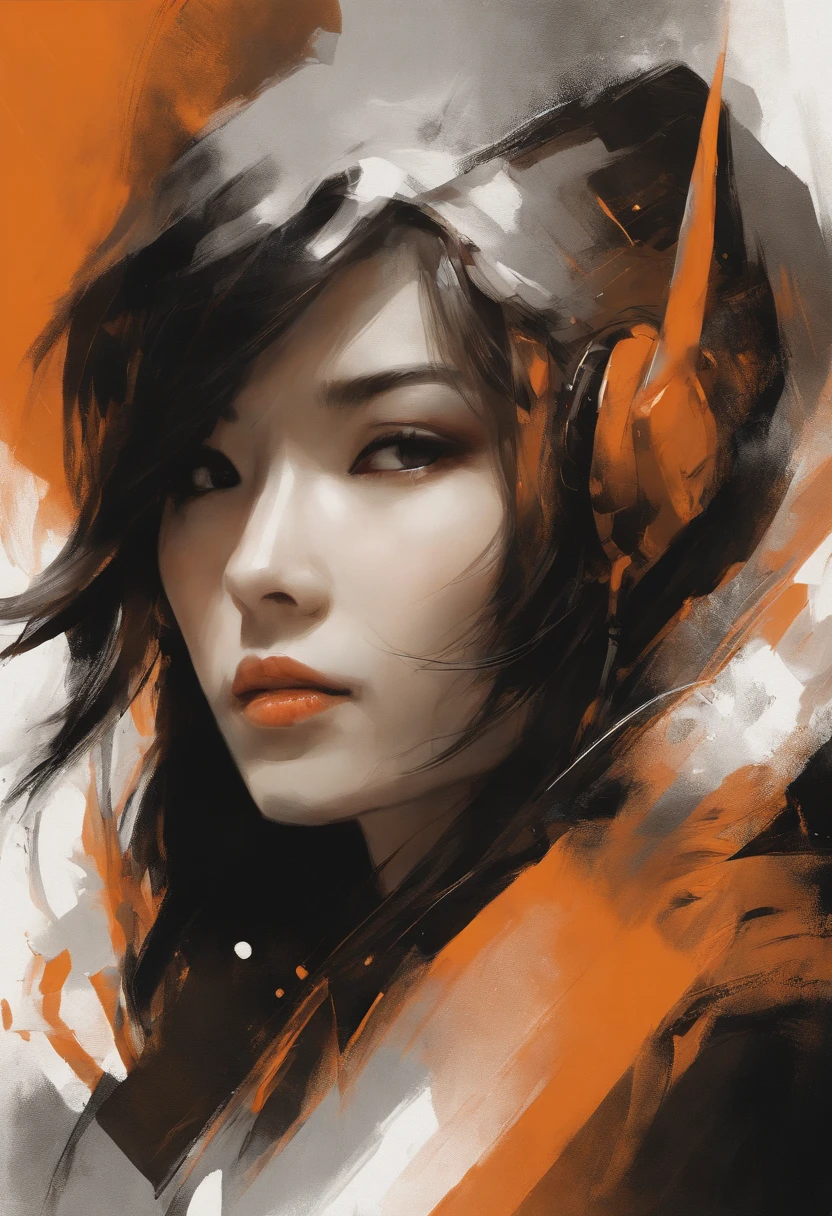 face portrait of MeiyuCipher 1girl aura of moving orange spike, Roupas chinesas danificadas, floating parts, trending on ArtStation, foco nítido, detalhes intrincados, altamente detalhado, Rosto detalhado (pintura a tinta e aquarela, pinceladas, por Russ Mills e Yoji Shinkawa) best quality, absurdos, (negative space) ,