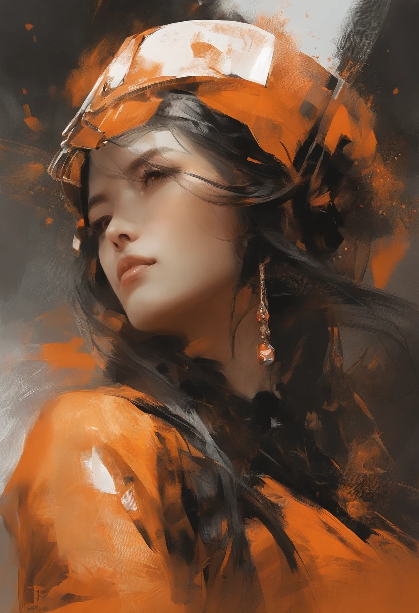 face portrait of MeiyuCipher 1girl aura of moving orange spike, Roupas chinesas danificadas, floating parts, trending on ArtStation, foco nítido, detalhes intrincados, altamente detalhado, Rosto detalhado (pintura a tinta e aquarela, pinceladas, por Russ Mills e Yoji Shinkawa) best quality, absurdos, (negative space) ,