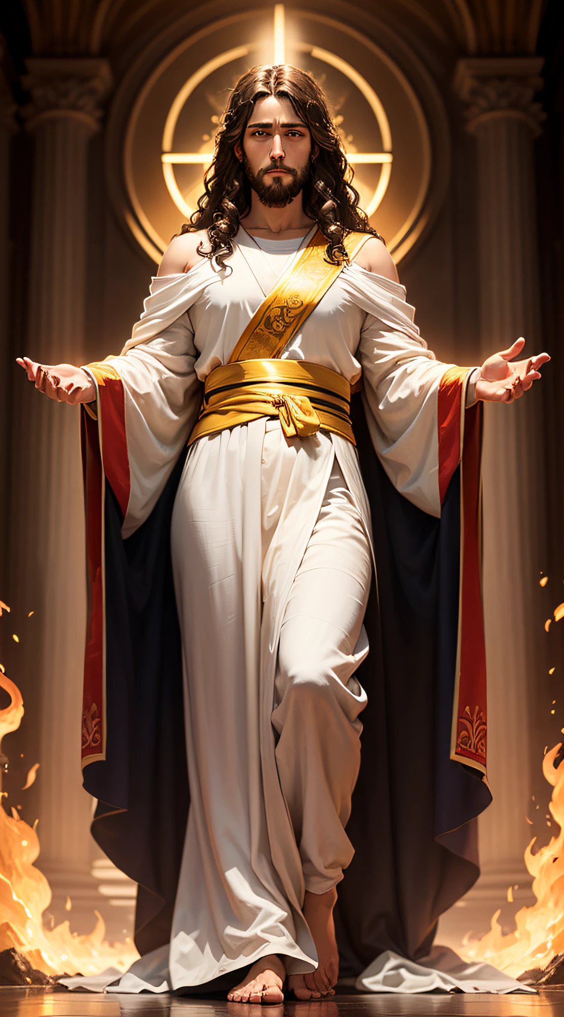 Our Lord Jesus Christ in glory with shoulder length dark brown wavy hair, fiery gaze, green eyes brilliant white robes with a golden sash --auto