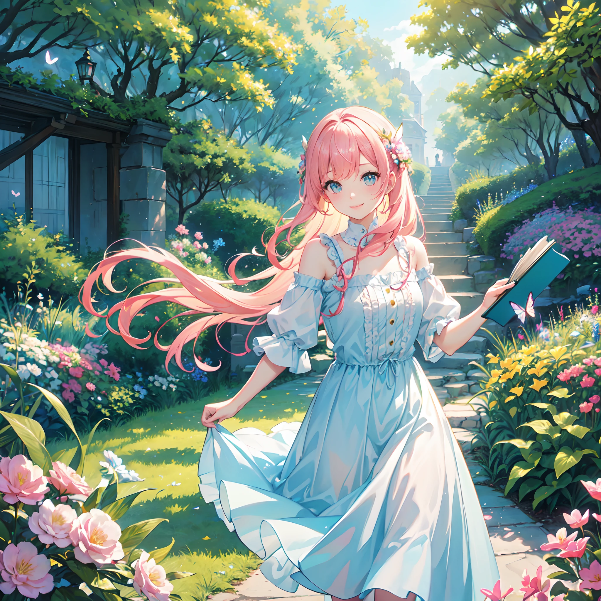 (best quality, 8k, masterpiece:1.2, nsfw ),Cutest,Cute girl,mesugaki,Beautiful face,Beautiful eyes,Beautiful hair, Light pink hair,Lots of colorful flowers,sunshine,peaceful garden,summer dress,holding a book,smiling,golden hour lighting,vibrant colors,happy expression,
soft breeze,gentle makeup,freckles,blonde hair,flowing dress,pastel colors,fairytale atmosphere,fluttering butterflies,dreamy atmosphere,vivid greenery。