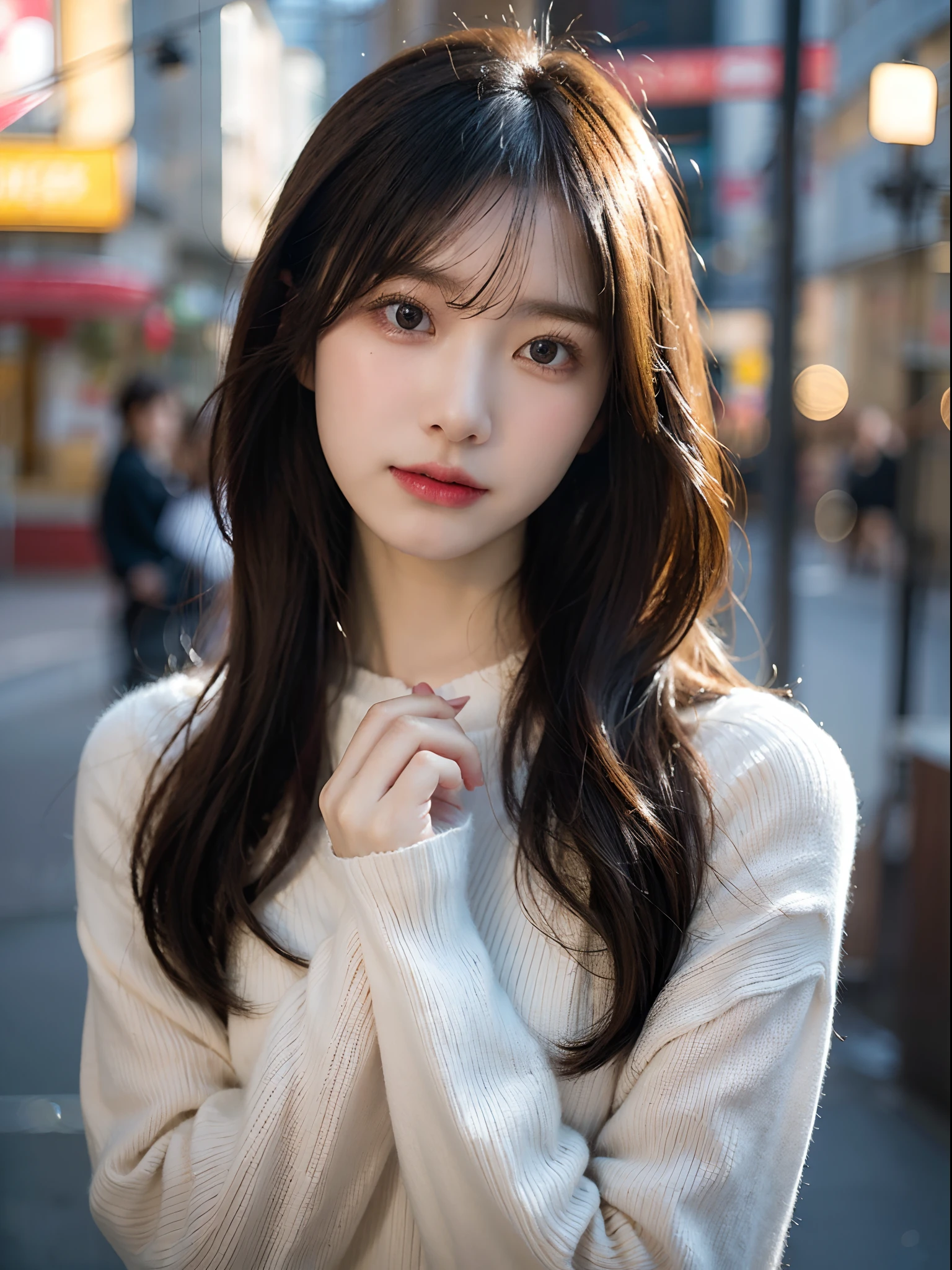 Beautiful expression、Soft lighting、Shot with Sony a7III.、portrait shot、Wear knitwear、Soft Evening,Portrait of a beautiful Japan woman,Missing the line of sight,A slightly embarrassed look、The camera is hanging from the neck、Black Haired Woman、Beautiful appearance、Soft light、Eyes are distracted