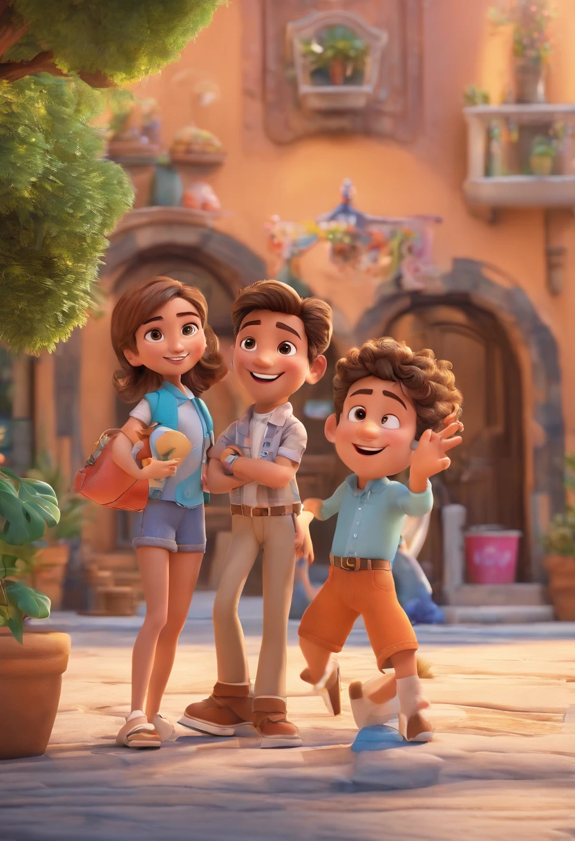 Cartoon of friends having fun on vacation together, 3D Animation Movie Poster, Poster de filme animado, pixar 3 d animation style, pixar renderman rendering, maia 8 mil, animated film, Disney Pixar Estilo 3D, amigos felizes saem juntos, all wearing light blue shirts and cream brown long pants, camisa azul clara, cream brown pants, ao ar livre, vacation, Disney Pixar Animation Poster