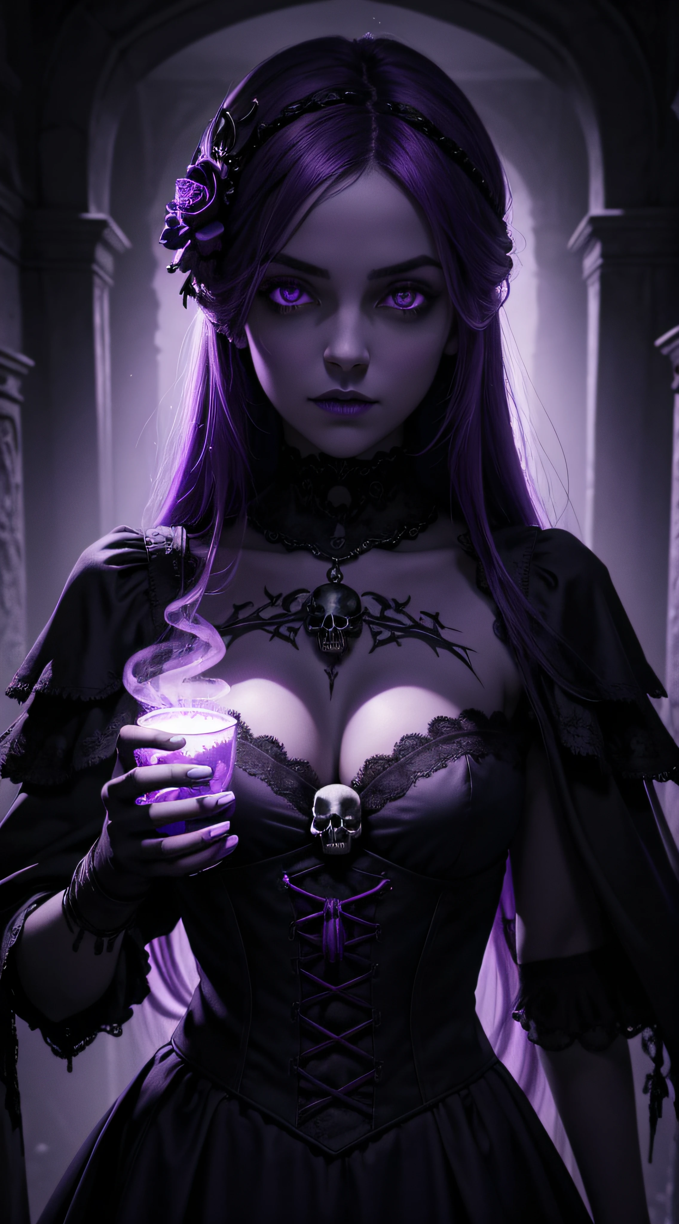 papel de parede 8k extremamente detalhado, A medium shot photo of a shadowy necromancer, intrincado, alto detalhe, dramatic, lo gothic, skull, Bright eyes, deep lilac color, Holding a skull head with bright eyes deep lilac color, vestimenta preta.