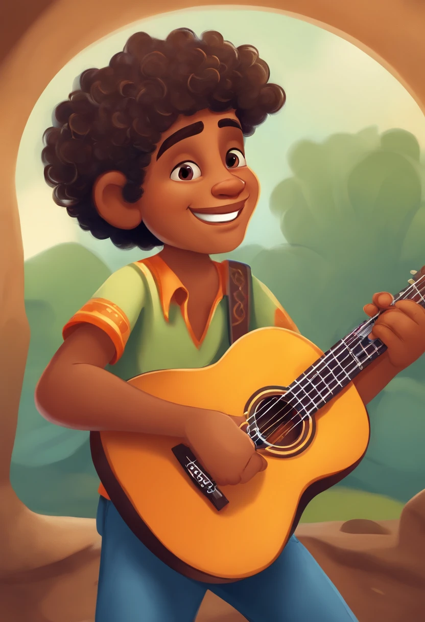 crie um banner no estilo Pixar. A boy with Indian features, moreno pardo com cabelos curtos, Castanhos escuros, Curly and slightly grayish appearance, mas jovem, usando uma camiseta, Wearing jeans and holding a classical guitar with 7 strings.