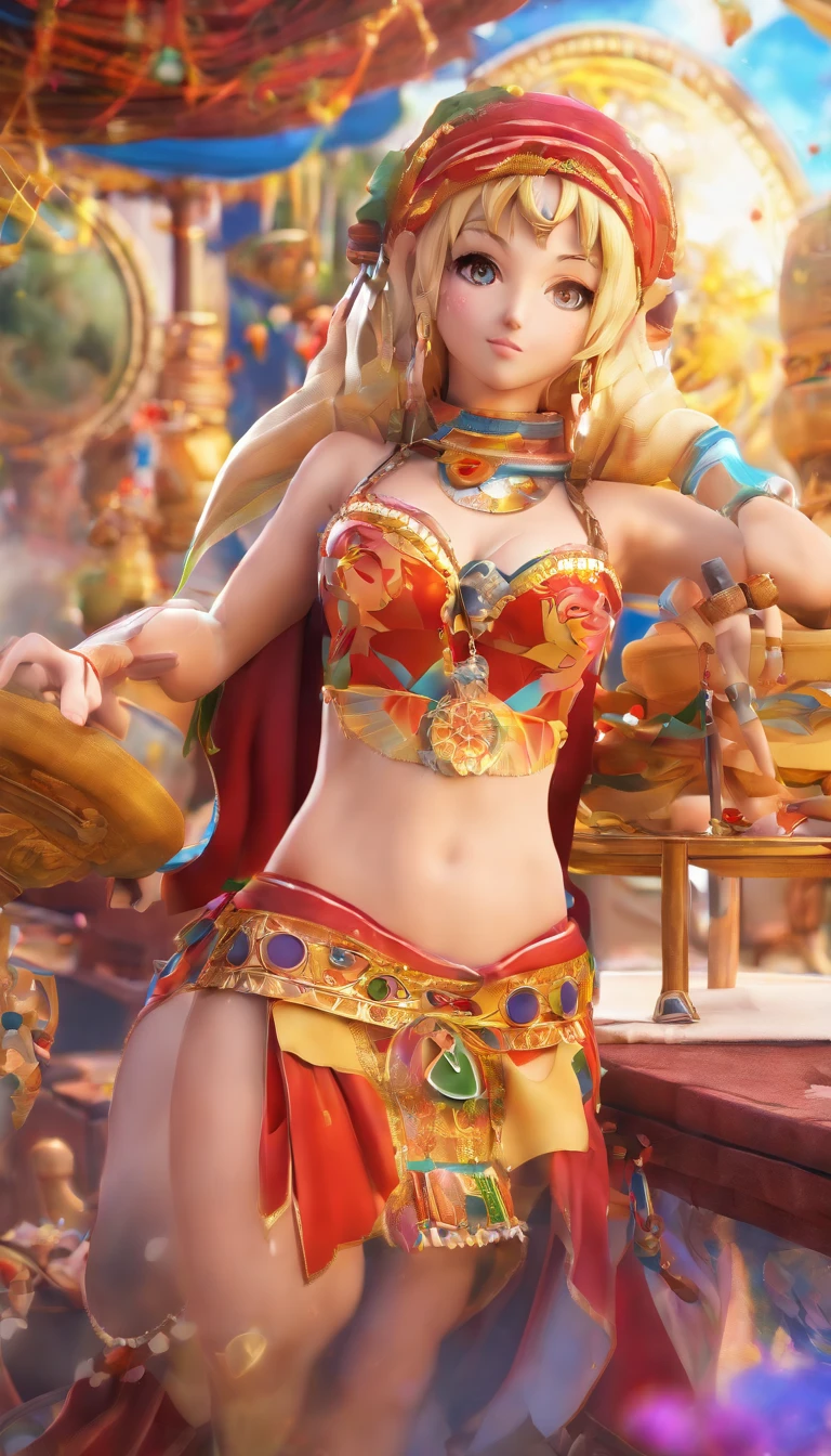 best quality, highres, absurdres, ultra-detailed, 1girl, (ZeldaTOTK, mature body, zelda crown, short_hair, solo, blonde hair, pale skin, necklace, armlets, large round breasts, platform heels), wet, bzccostume, topless, minimal costume, bare breasts, headdress, fakebreasts, heart pasties, covered nipples, ((arms up in the air, hands behind head, squatting cowgirl position)), pov, night club background, spotlights on ceiling, ((crowds watching in background, stadium stands in background))