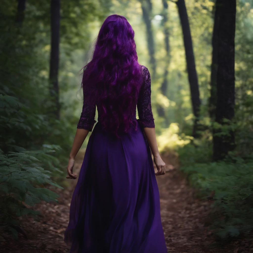 create an women character named Samir, walking in the forest of Lebanon, realistic, purple hair,1girl,