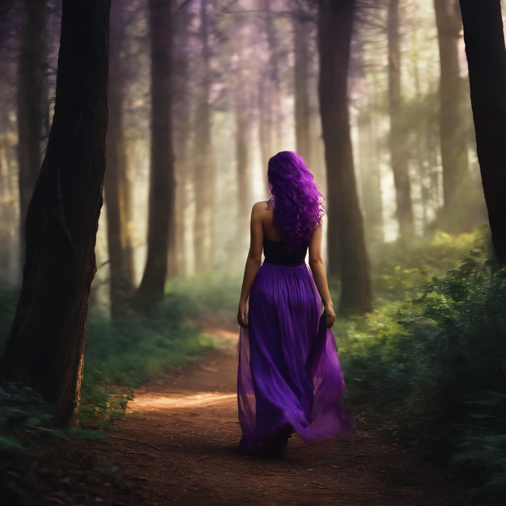 create an women character named Samir, walking in the forest of Lebanon, realistic, purple hair,1girl,
