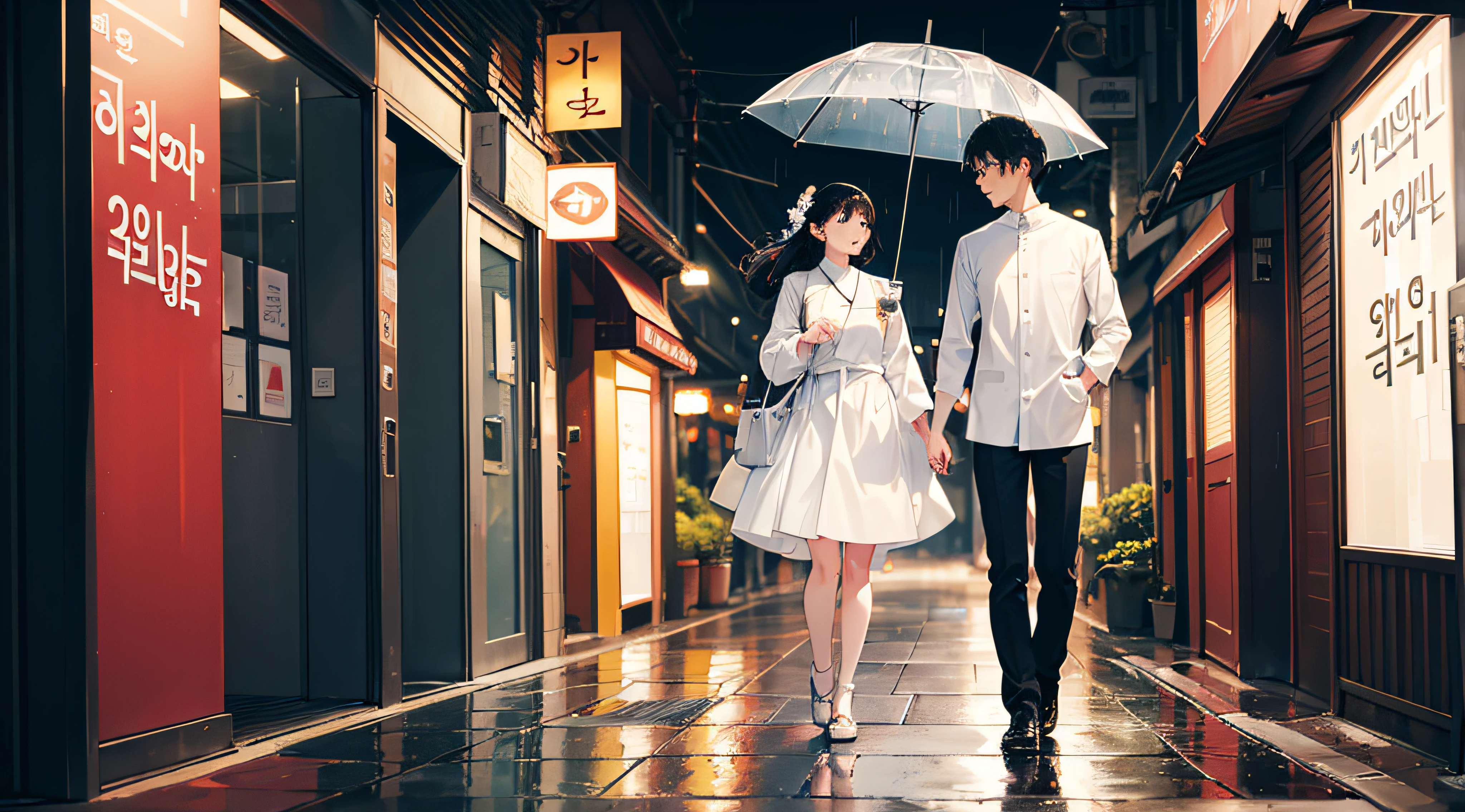 Korean couple standing in the rain holding white umberlla