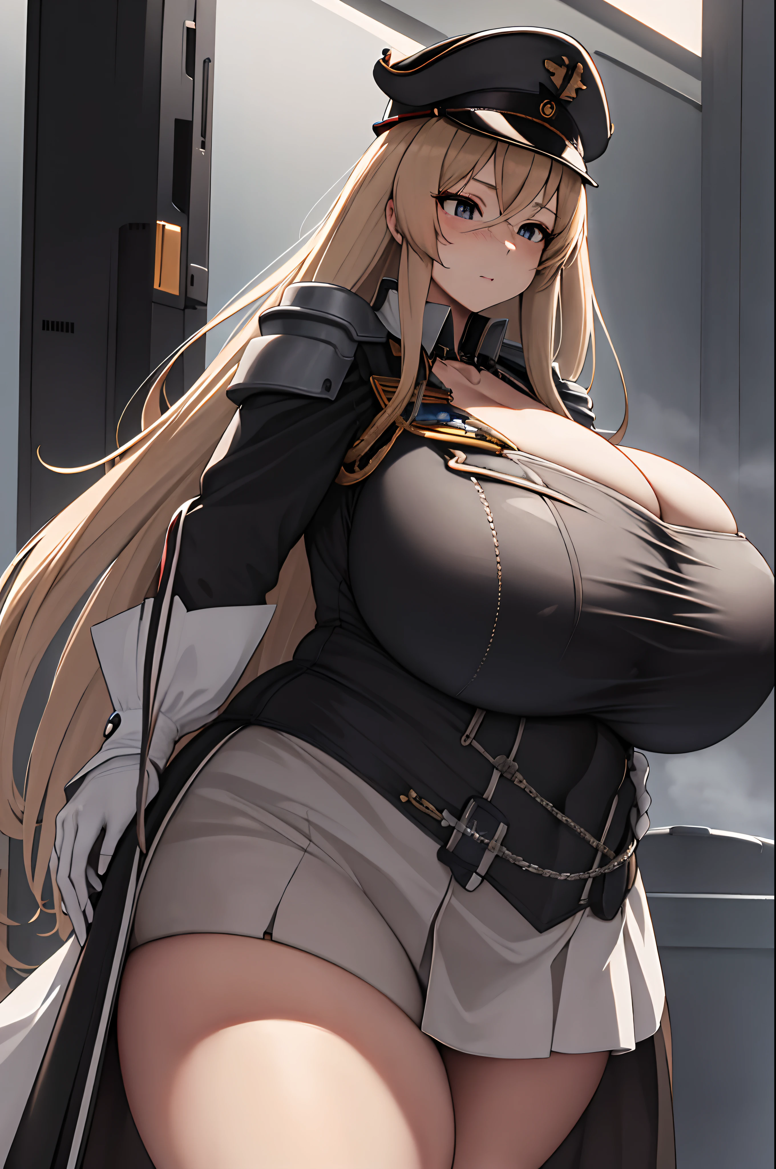 masterpiece, best quality, highres, long hair, 1girl, solo, bismarck, a woman wearing black BMR_uniform holding a sword, medal on left shoulder, BIS_hat, white glove, carrying rigging_machine, turrets_equipped on the rigging_machine, huge tit,gigantic cleavage breasts,cleavage,Huge breast, chubby