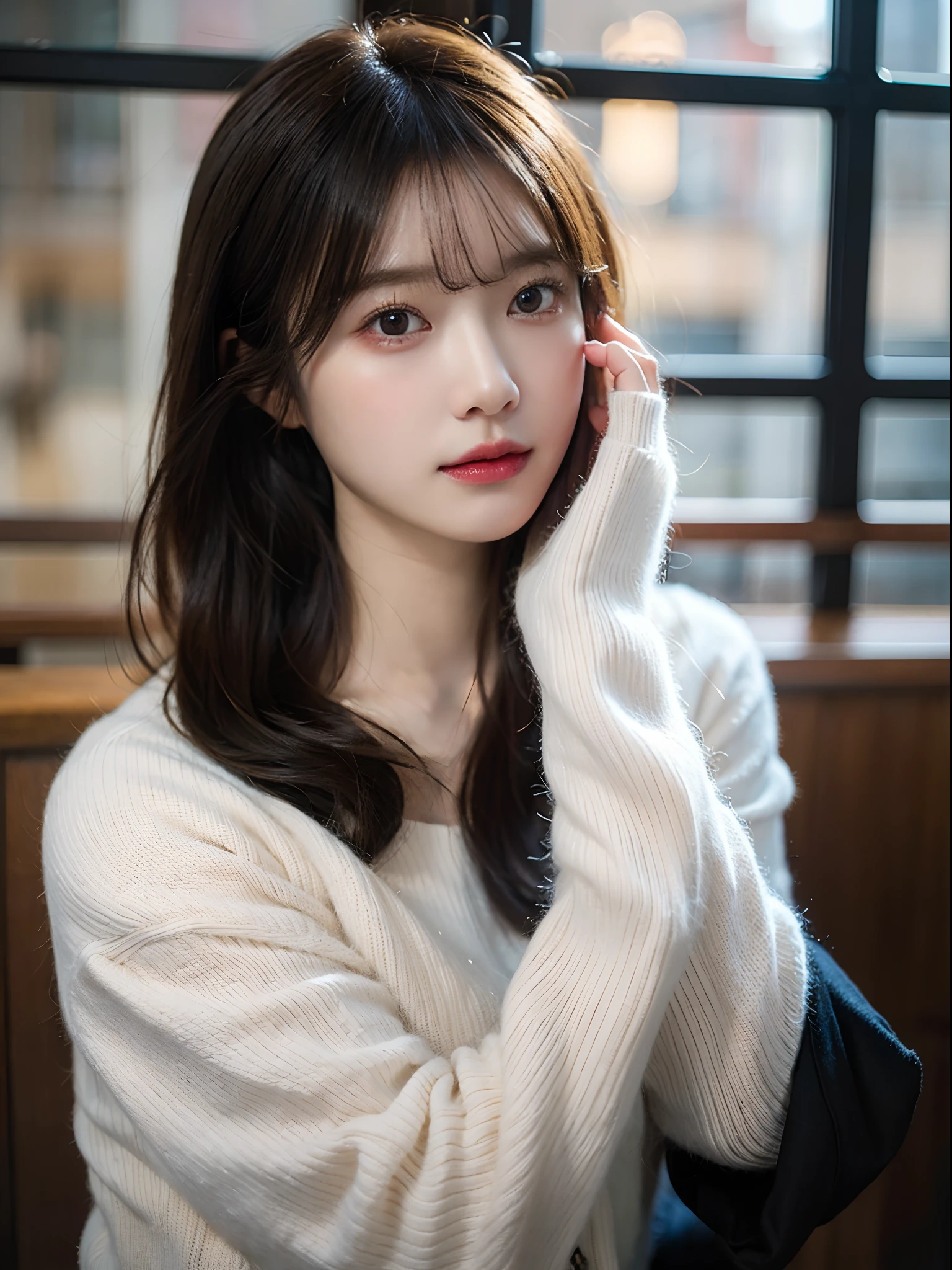 Beautiful expression、Soft lighting、Shot with Sony a7III.、portrait shot、Wear knitwear、Soft Evening,Portrait of a beautiful Japan woman,Missing the line of sight,A slightly embarrassed look、The camera is hanging from the neck、Black Haired Woman、Beautiful appearance、Soft light、Eyes are distracted