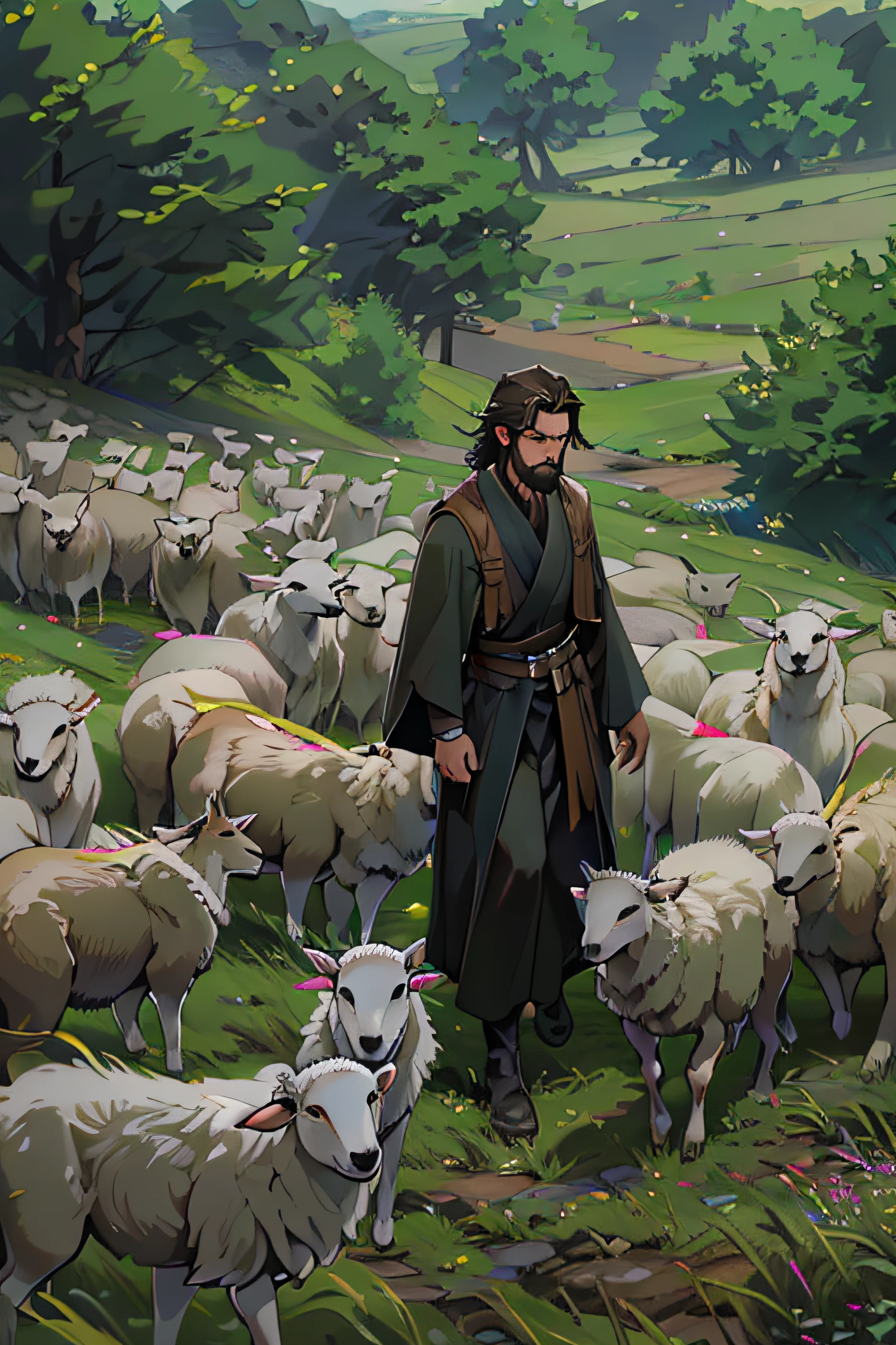 (best quality,4k,8k,highres,masterpiece:1.2),ultra-detailed,(realistic,photorealistic,photo-realistic:1.37),black clothes,similar to a Jedi's outfit,beautiful detailed eyes,beautiful detailed lips,extremely detailed eyes and face,long eyelashes,tall young mam, short beard,short dark brown hairs,escorting a small flock of sheep with some wolves in the far away, the background forest , grassland with a city in the background. light and breezy.