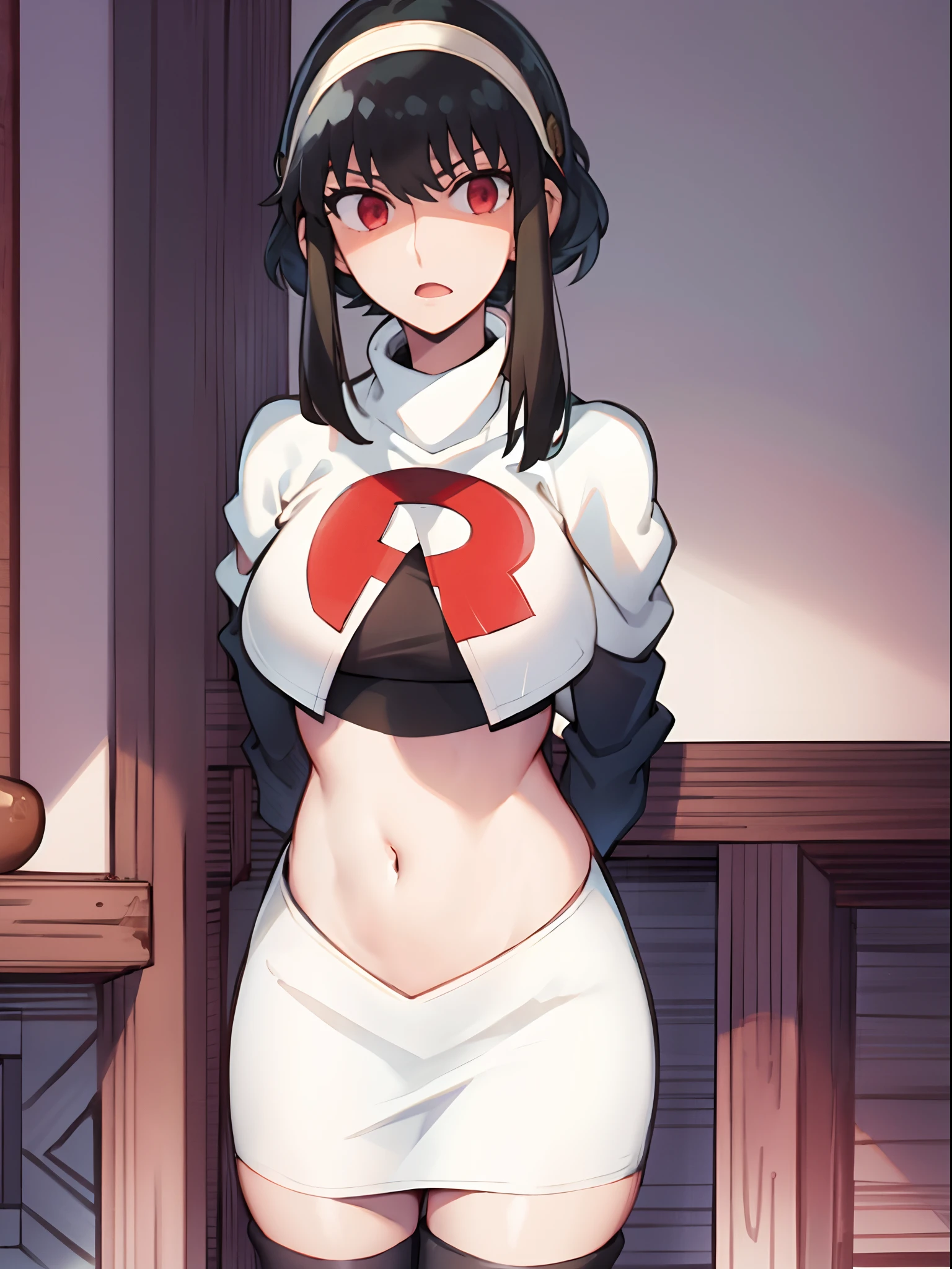 yor, 1girl, black hair, red eyes, black hair, short hair, short hair with long locks, bangs, sidelocks, white hairband,team rocket,team rocket uniform,white skirt,crop top, black thigh-high boots,black elbow gloves,