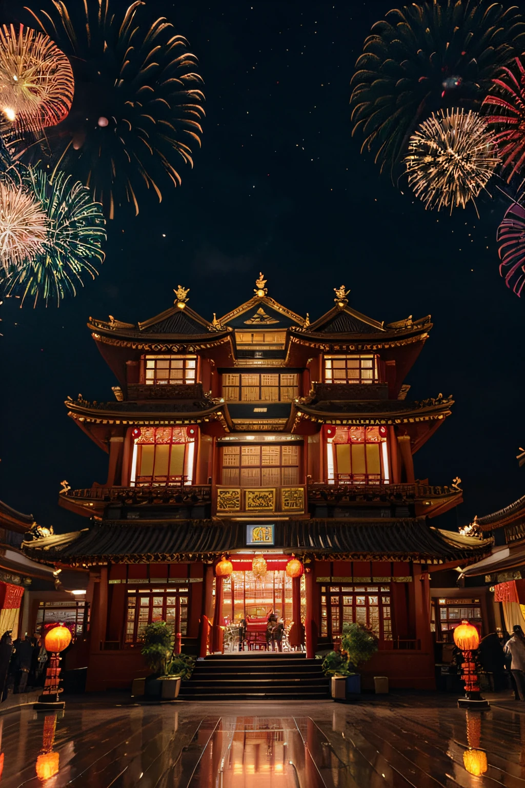 "Celebrate Chinese New Year in traditional Chinese city, Light up the night sky, Majestic Chinese-style building in the center with two floors, Decorado com ambientes intrincados, Vibrant Chinese lanterns rising into the sky, Sparkling fireworks, imagem realista.