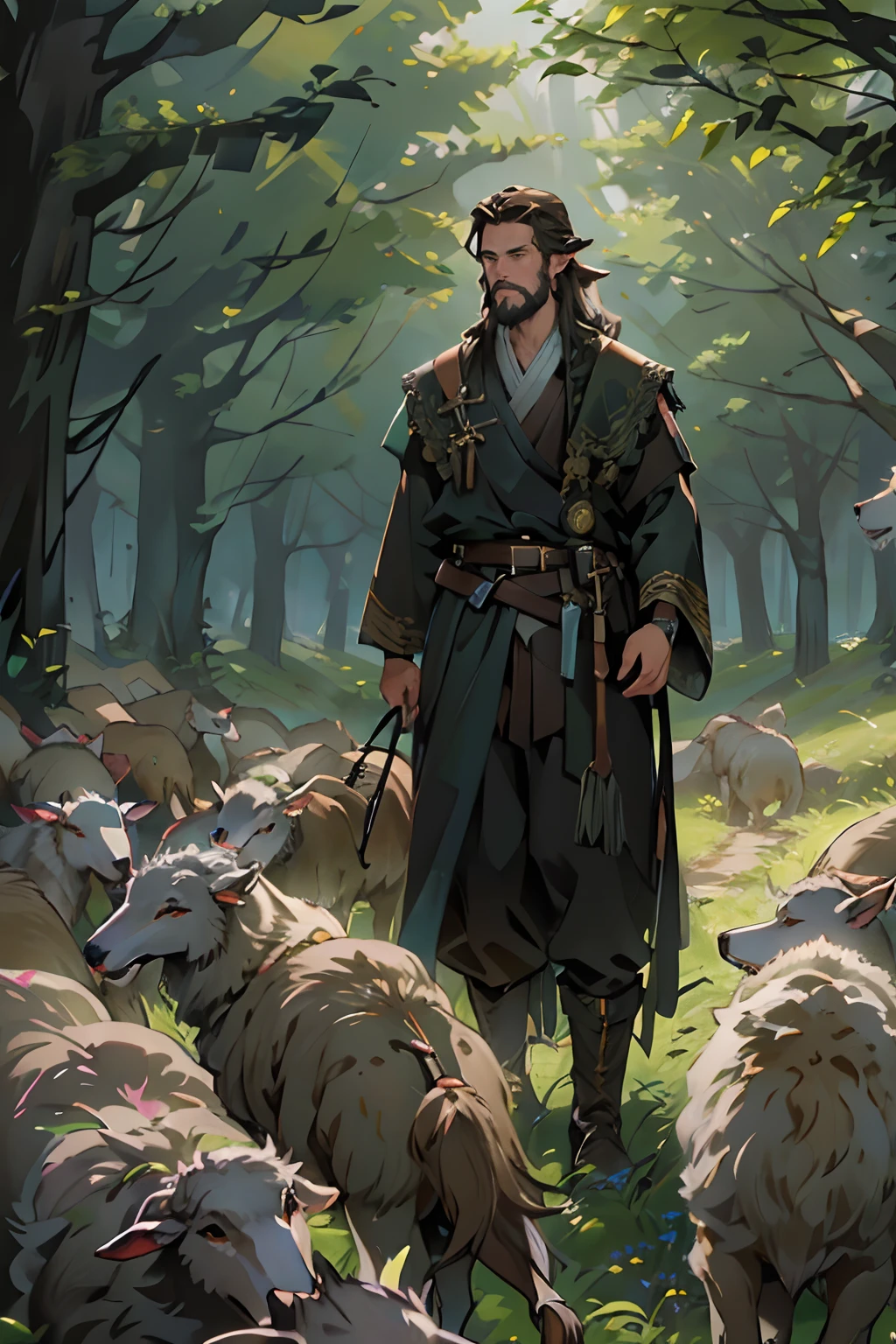 (best quality,4k,8k,highres,masterpiece:1.2),ultra-detailed,(realistic,photorealistic,photo-realistic:1.37),black clothes,similar to a Jedi's outfit,beautiful detailed eyes,beautiful detailed lips,extremely detailed eyes and face,long eyelashes,tall young man with a short beard,short dark brown hairs,escorting a small flock of sheep with some wolves in the far away, in the background forest , grassland with a city in the background. light and breezy.