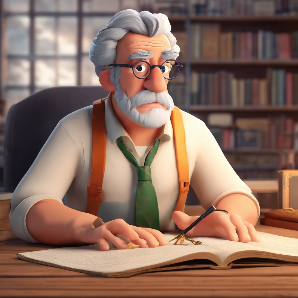 Crie um cartaz inspirado na Disney Pixar com o personagem sendo o pastor Rubens Janier, A gray-haired man wearing glasses, in an office with a Bible on the table, Looking forward and serious