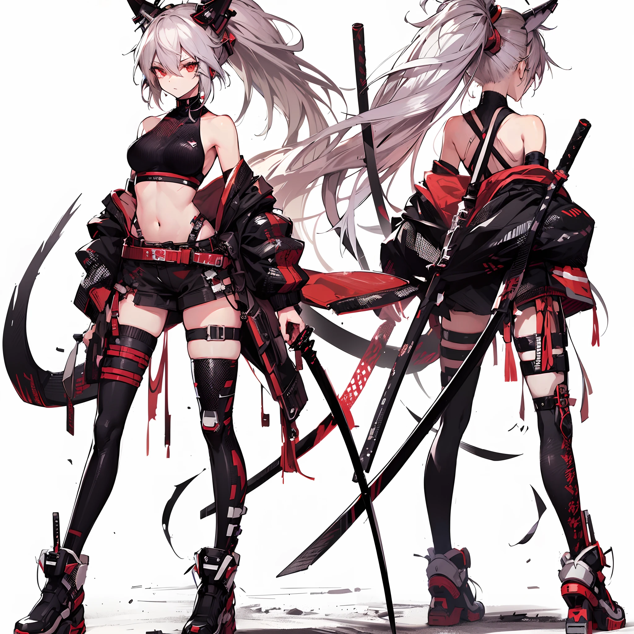 (masutepiece, Best Quality), (Perfect athlete body:1.2), (detailed hairs), Ultra-detailed, Anime style, Full body, Cyberpunk was a fox ninja girl, Wear red clothes, Black, And white street punk wear, many swords, Wear long boots, 8K High Resolution, trend artstation, White background, Standing in the wasteland, Whole body,