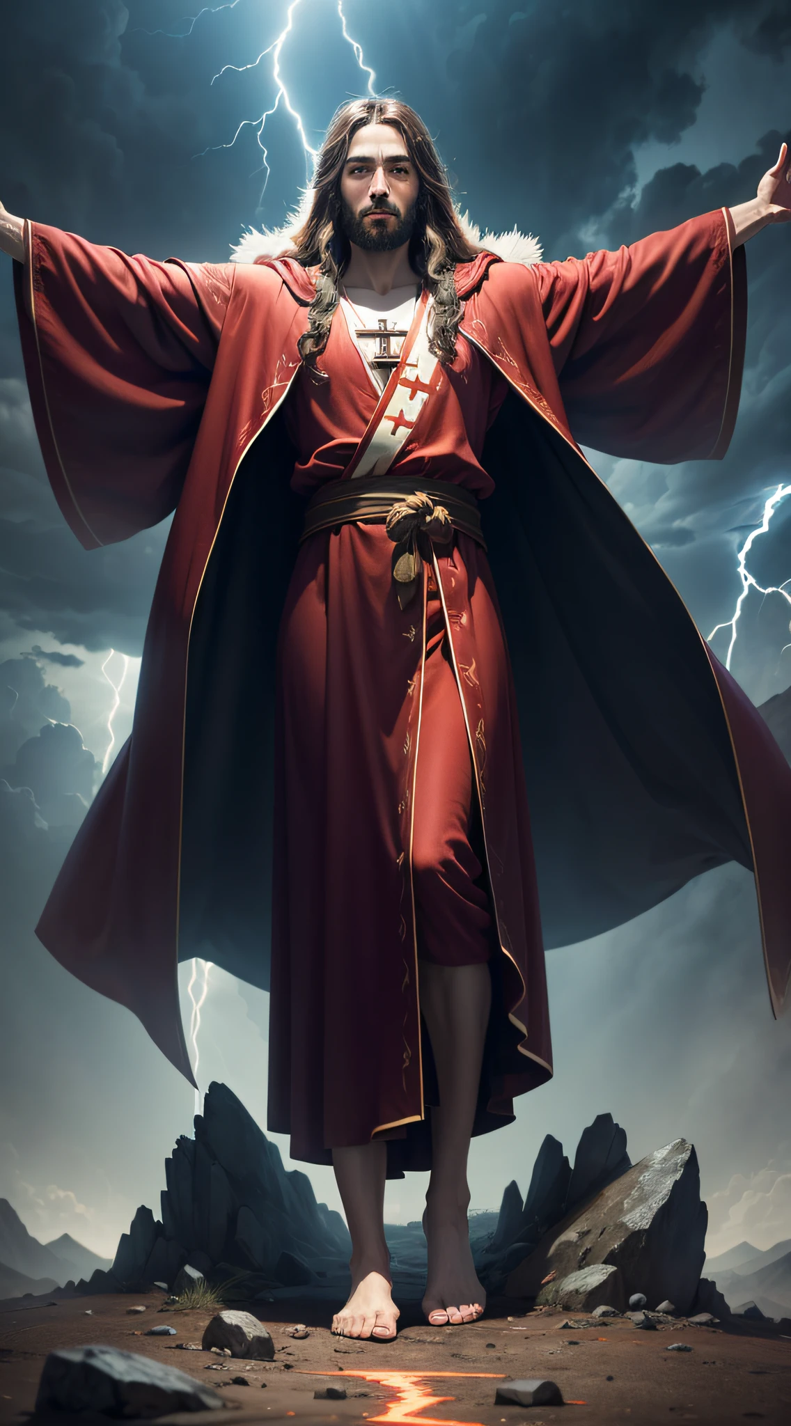 Jesus, full body shot, firm eyes, looking forward, lightning in the sky, arms outstretched, looking straight ahead, standing on the top of a mountain, red robe and cloak, glowing cross in the air --auto
