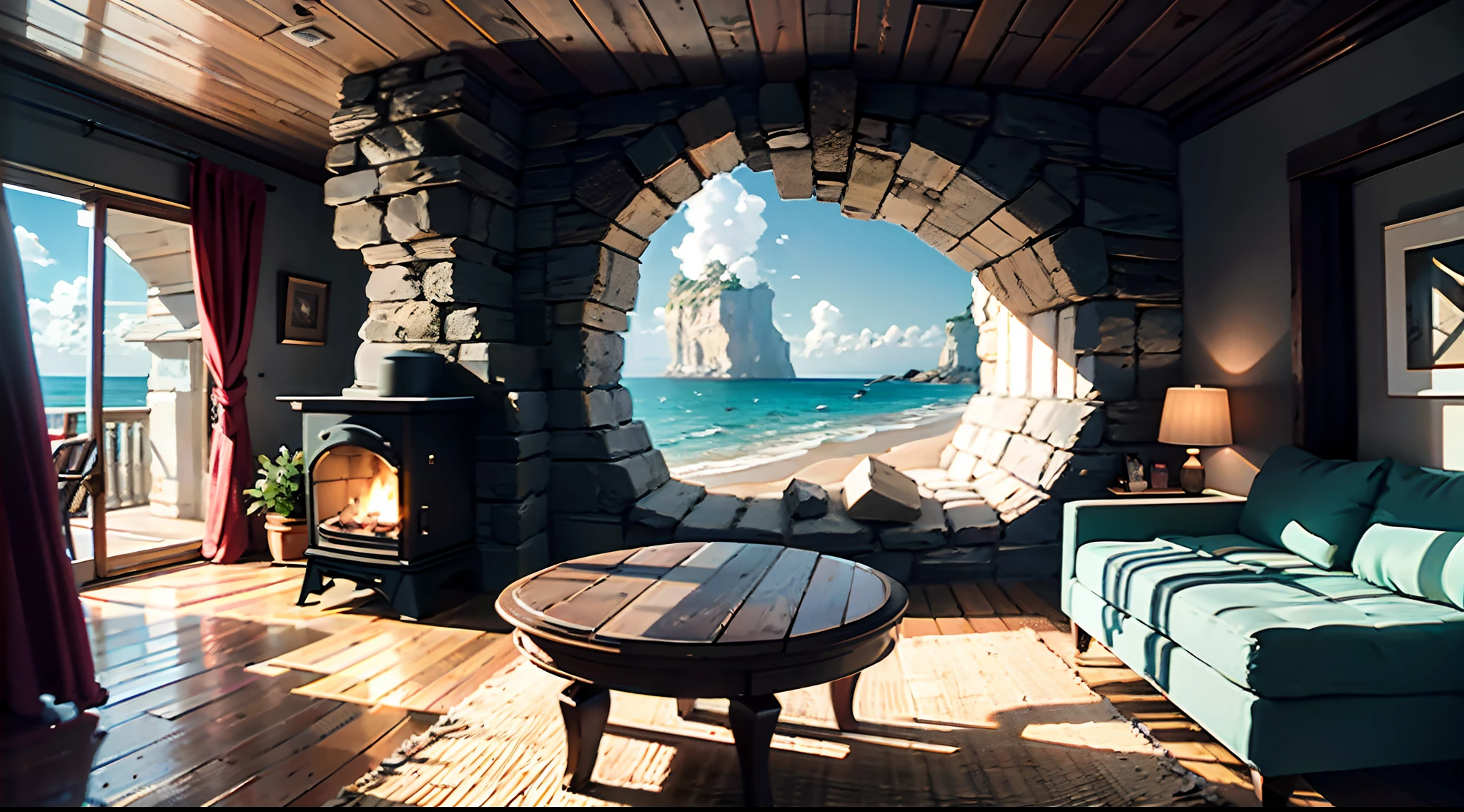 Behold an extensive cave that has been sculpted by the relentless erosion of sea winds beneath a towering seaside cliff, The neatly arranged and snugly fitted seating, round wooden table, queen-sized bed, and decorative stone cabinet bedecked with assorted knick-knacks are situated along the cavernous wall, all set ablaze by the ample sunlight penetrating through the excellent ventilation, The thick carpet that spans across the floor and the rock stove for cooking further elevate the level of coziness in this idyllic abode, Behold these stunning, high-resolution images, showcasing the true-to-life lighting effects in all their glory, photorealistic, high definition, best quality, highres, ultra-detailed, ultra-fine painting, extremely delicate, professional, creativity, RAW photo, UHD, 8k, Natural light, cinematic lighting, masterpiece:1.5