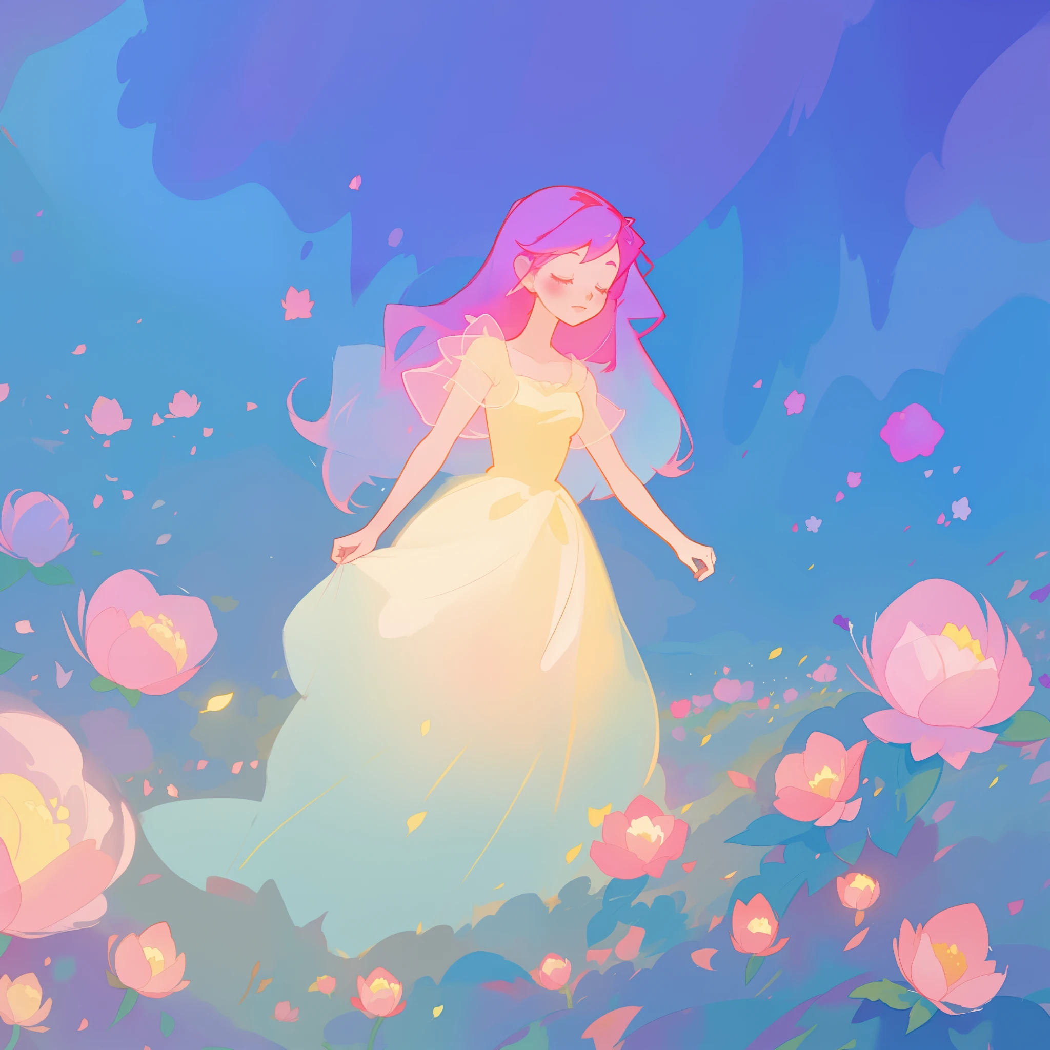 beautiful girl in puffy glowing ballgown, a field with round puffball pink flowers, otherworldly flowers, whimsical landscape, long pink flowing hair, watercolor illustration, inspired by Glen Keane, inspired by Lois van Baarle, disney art style, by Lois van Baarle, by Glen Keane, jen bartel, digital painting, beautiful digital illustration, fantasia otherworldly landscape plants flowers, beautiful, masterpiece, best quality, anime disney style