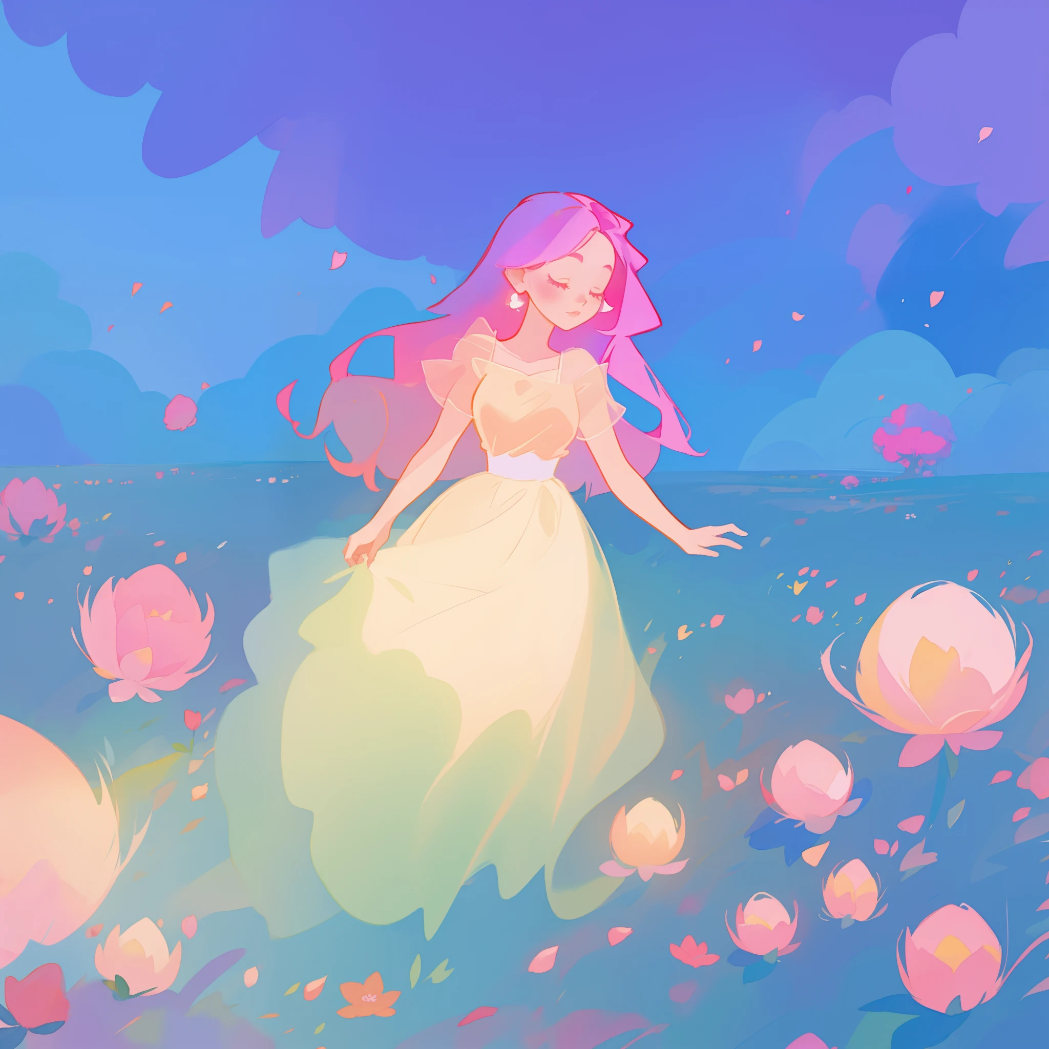 beautiful girl in puffy glowing ballgown, a field with round puffball pink flowers, otherworldly flowers, whimsical landscape, long pink flowing hair, watercolor illustration, inspired by Glen Keane, inspired by Lois van Baarle, disney art style, by Lois van Baarle, by Glen Keane, jen bartel, digital painting, beautiful digital illustration, fantasia otherworldly landscape plants flowers, beautiful, masterpiece, best quality, anime disney style