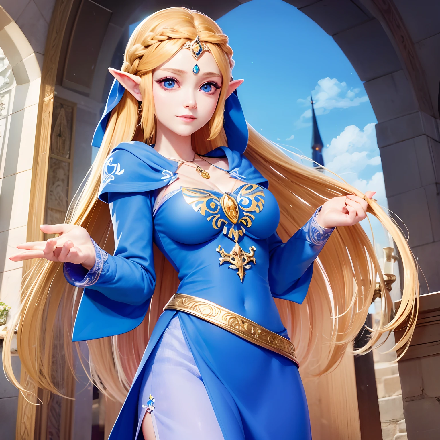 Blue eyes、Sweat、"A delicate and detailed portrait of Princess Zelda from The Legend of Zelda, focusing on her upper body and face. Zelda stands with an air of quiet elegance, her posture regal and composed. She is adorned in a finely crafted royal gown, the fabric rich and textured, with intricate golden embroidery forming the Triforce symbol and other ancient patterns along the collar and bodice. Her long, golden hair cascades over her shoulders, perfectly framing her face. A delicate tiara rests gently on her forehead, encrusted with small, shimmering gems that catch the light. Zelda's face is a picture of grace, with smooth, porcelain-like skin and soft, delicate features. Her deep violet eyes are large and expressive, reflecting wisdom, compassion, and an inner strength. Her lips are slightly parted, showing a calm and gentle expression, as if she is on the verge of speaking. The overall impression is one of serene beauty and dignified power, embodying the spirit of the princess of Hyrule."