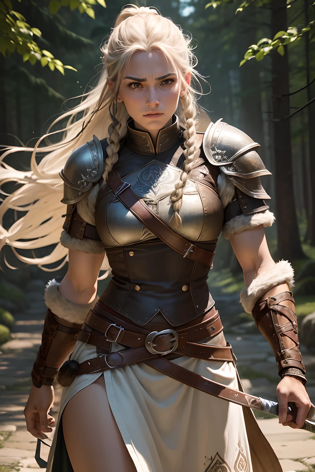 Guerreira ruiva, Long hair tied in a single braid, sardas no rosto, Mixing of Norse and Celtic themes, armado com espada longa e escudo redondo de madeira, wearing medium leather armor with fur linings and Celtic and Norse knots, estilo realista, Very detailed, extremely high quality
