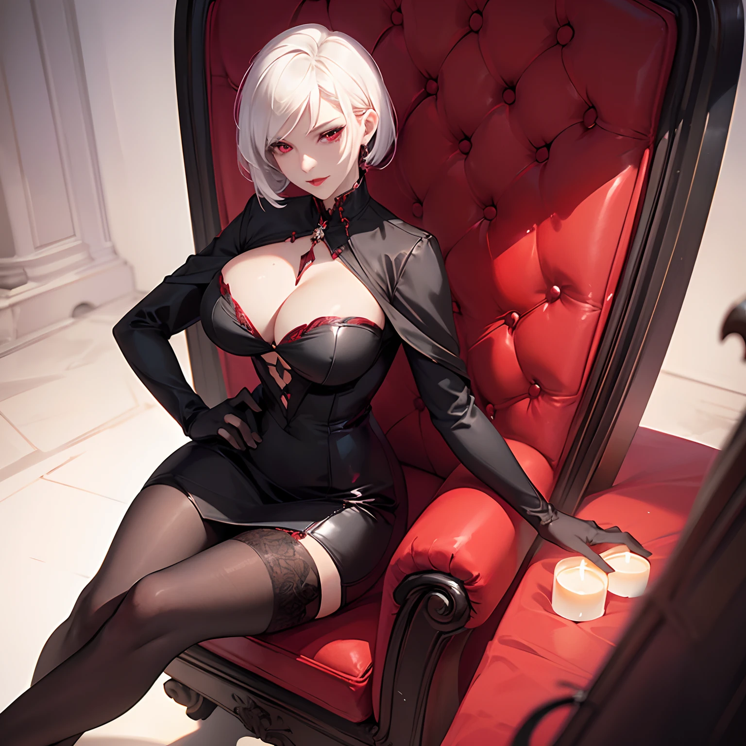 (((Solo))) Vampire woman with short white hair, (red eyes), ((wearing a sexy black dress)), stockings, wearing a red necklace, character is wearing gloves, (mature woman Anna), ((large chest)), curvy hips, long legs, detailed eyes, (in a dark castle), (((mature woman))), milf, ((full lips)), sparkling eyes, standing, seductive pose, sexy face, (beautiful lighting), candles, (sitting down on a throne), (in a red bedroom)