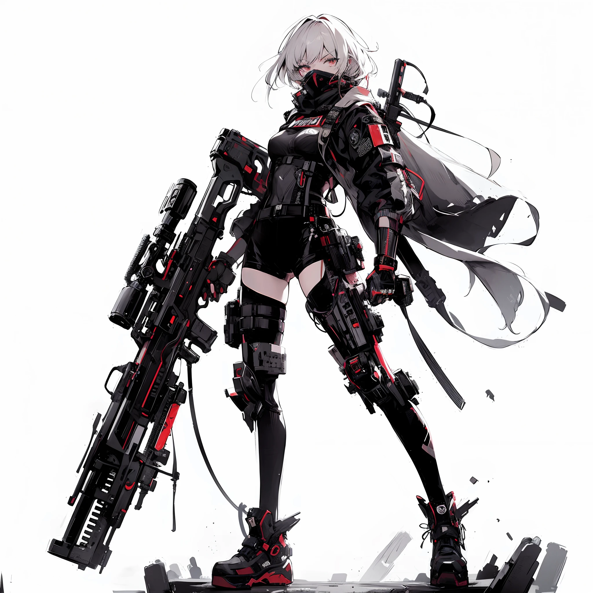 (masterpiece, Best Quality), (Perfect athlete body:1.2), (detailed hairs), Ultra-detailed, Anime style, Full body, Cyberpunk Ninja Gunner Girl, Wearing Tec wear, Red Accessories, Wielding a huge high-tech gun, Black and white hair, stew, Mechanical arm guard, Wear high-tech boots, 8K High Resolution, trend art station, White background, Standing in the wasteland, Whole body,