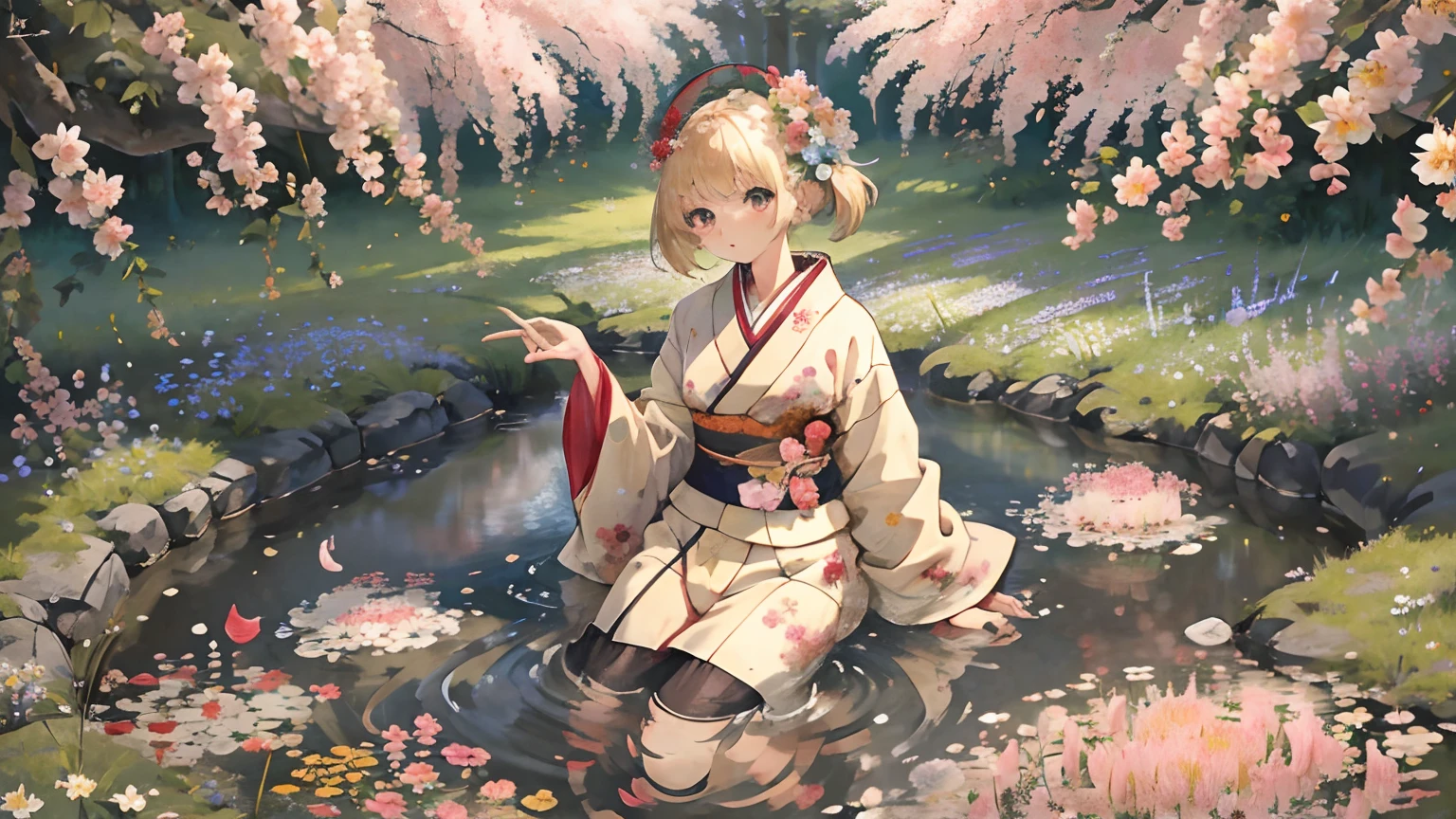 Pretty Japanese Anime Girl, blonde aux cheveux longs. Dans un champ de fleurs et de cerisiers en fleurs , et porter un kimono