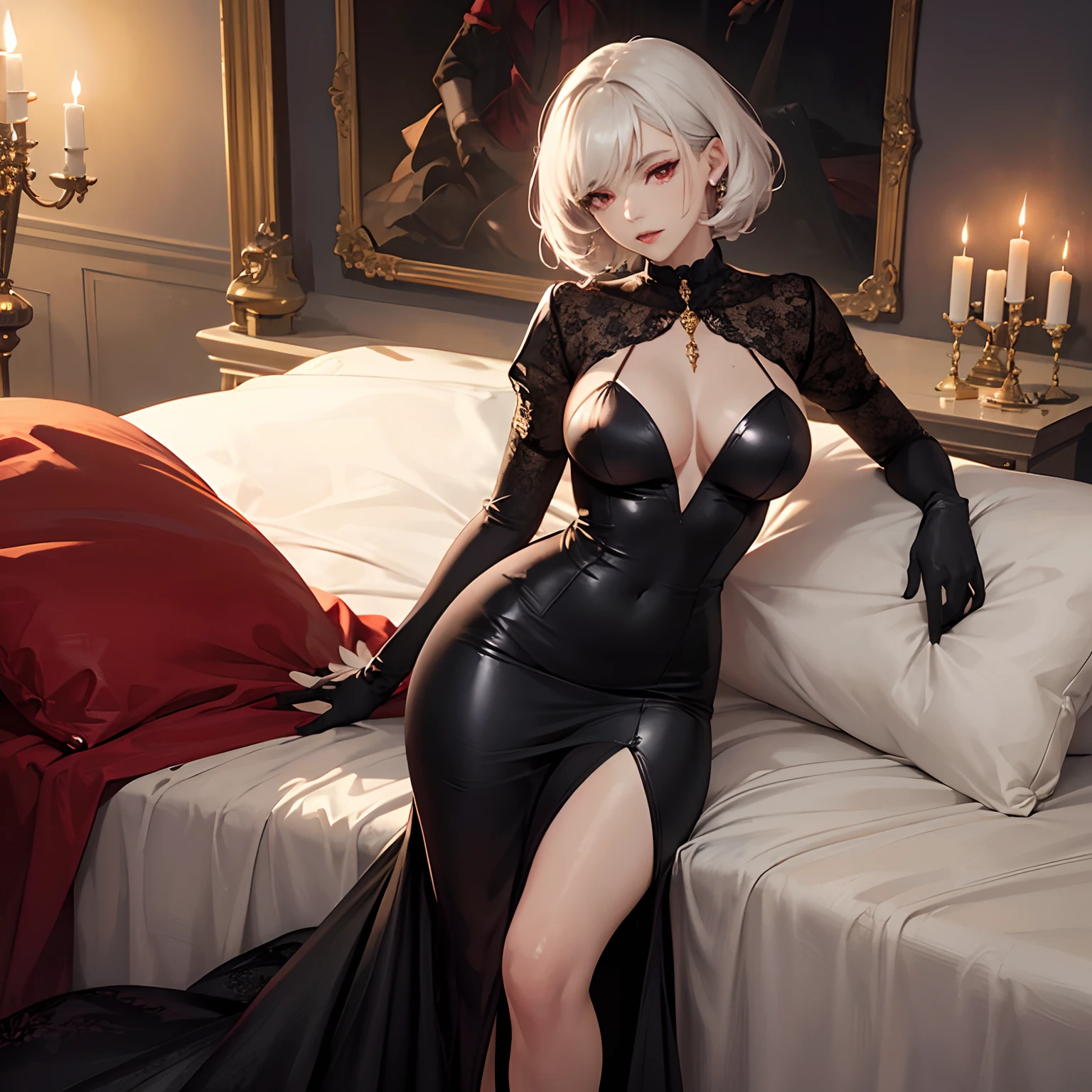 (((Solo))) Vampire woman with short white hair, (red eyes), ((wearing a shiny black dress)), stockings, wearing a red necklace, character is wearing gloves, (mature woman Anna), ((large chest)), ((curvy hips)), long legs, detailed eyes, (in a dark castle), (((mature woman))), milf, ((full lips)), sparkling eyes, standing, seductive pose, sexy face, (beautiful lighting), candles, (laying down on her side), (in a red bedroom)