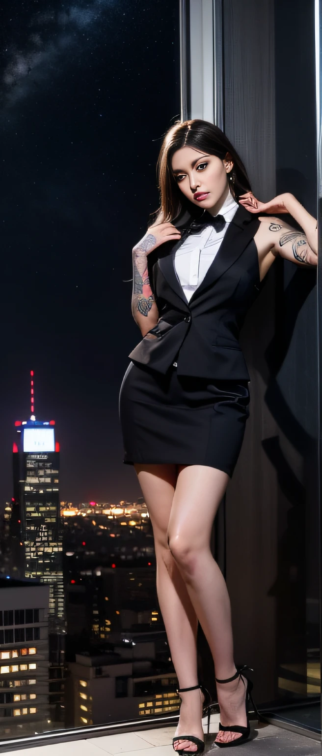 Best Quality, masutepiece, High resolution, artist name, Background of the city oversight, Starry sky, Tech Metropolis, Night, 1girll, Asians, exaggerated muscles, robust, Full body, (tattoo all:1.2) Perfect face, Black hair, Black jacket, Black tie, Brown eyes, Sleeveless Dress Shirt, gaze at the audience, Golden tie, reality, Shirt, Solo, wing collar