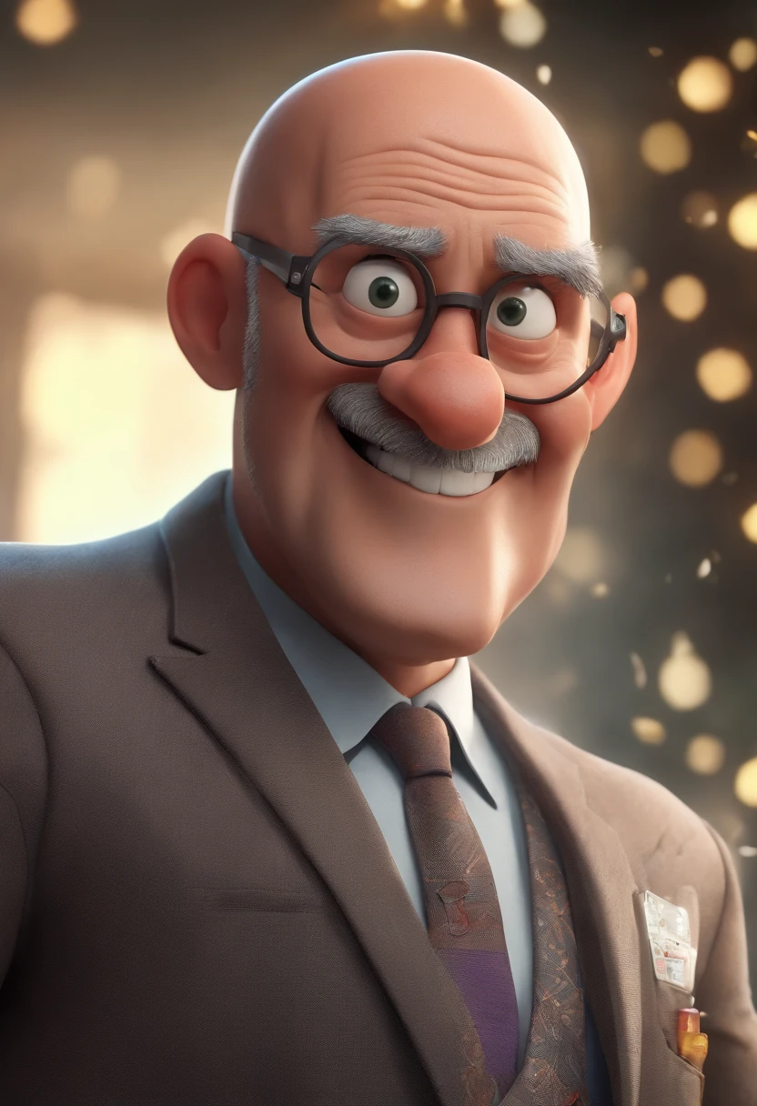 Cartoon character of a bald man and in a suit animation character, Caractere estilizado, animation style rendering, 3D estilizado, 3 d render stylized, toon render keyshot, Personagem 3D, Personagem 3D, 3d rendering stylized, 3 d character render, personagem de desenho animado, Personagem de close up, Pose de personagem,  (Estilo Pixar) (master part:1.2) (Bokeh) (best quality) (pele detalhada) (textura detalhada) (8k) (argila) (Cinematic lighting) (foco nítido