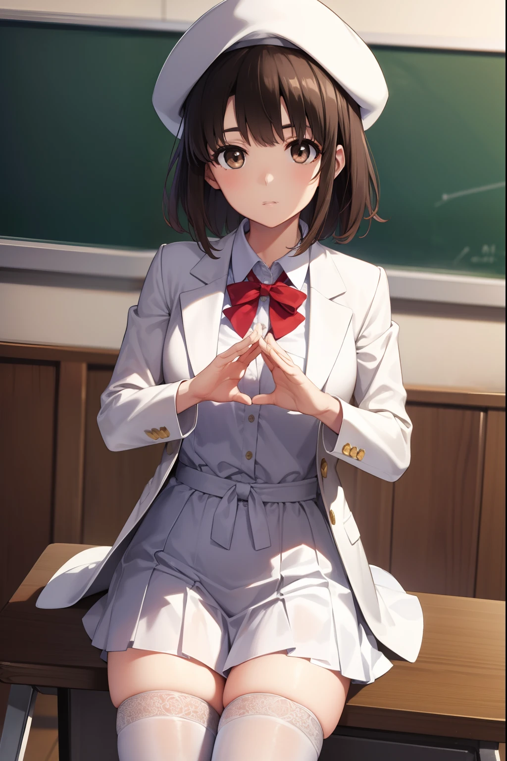 katoumegumi, megumi katou, brown hair, short hair, (brown eyes:1.7), 
BREAK hat, jacket, long sleeves, thighhighs, white headwear, white thighhighs, dress, white dress, (red jacket:1.5), (white hat:1.5), open cardigan, open clothes,
BREAK looking at viewer,
BREAK indoors, classroom,
BREAK (masterpiece:1.2), best quality, high resolution, unity 8k wallpaper, (illustration:0.8), (beautiful detailed eyes:1.6), extremely detailed face, perfect lighting, extremely detailed CG, (perfect hands, perfect anatomy),