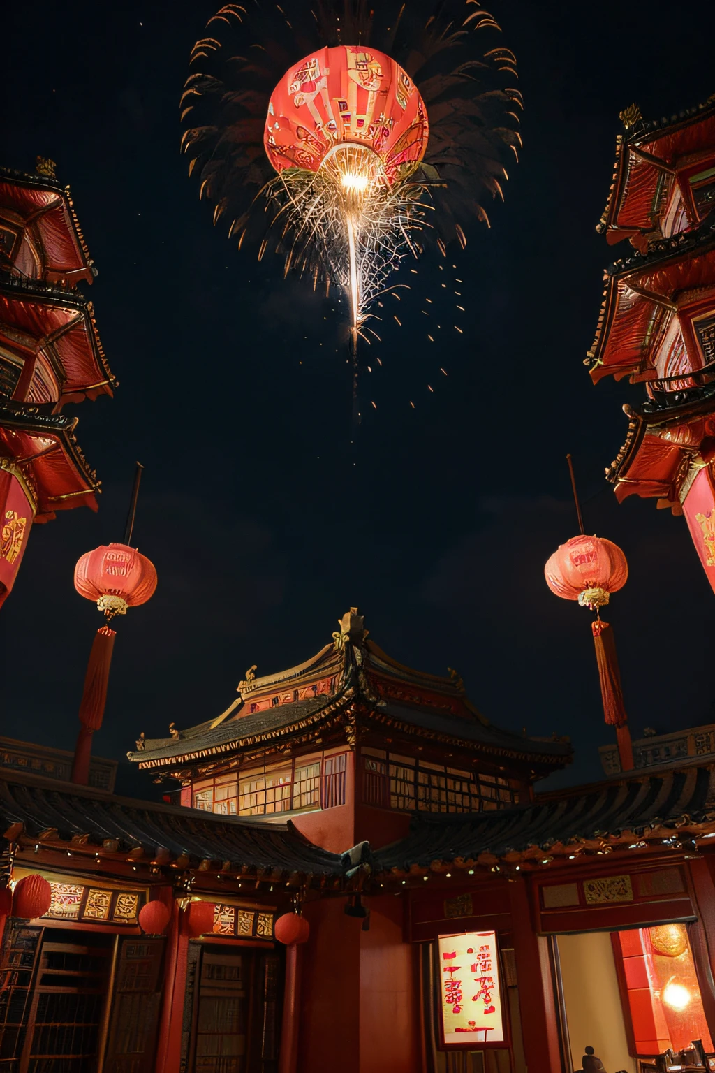"Celebrate Chinese New Year in traditional Chinese city, Light up the night sky, Majestic Chinese-style building in the center with two floors, Decorado com ambientes intrincados, Vibrant Chinese lanterns rising into the sky, Sparkling fireworks, imagem realista.