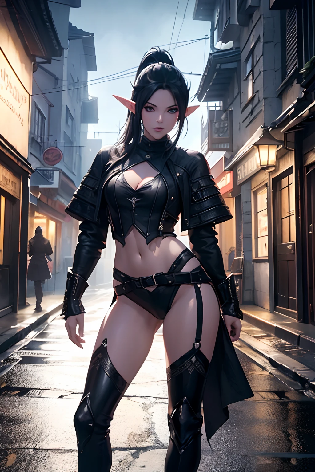 A stunningly beautiful elf rogue, black leather jacket armor, white long ponytail hair, standing inside a narrow street at night, medieval city at night ,Beautiful D&D Character Portrait, Beautiful Face, Ominous, Dark Fantasy, Fiverr Dnd Character, Octane Render, Digital Art, Extreme Detail, 4k, Ultra Hd, Polished, Beautiful, Hyperdetailed, Intricate, Elaborate, Meticulous, Photorealistic, Sharp Focus, Wlop, Character Design, Unreal Engine, 3d Rendered, Volumetric Lighting, Reflections, Glossy, Digital Illustration, Sensual Pose, Suggestive Pose, Full Body Shot, 💖❤💕💋❣