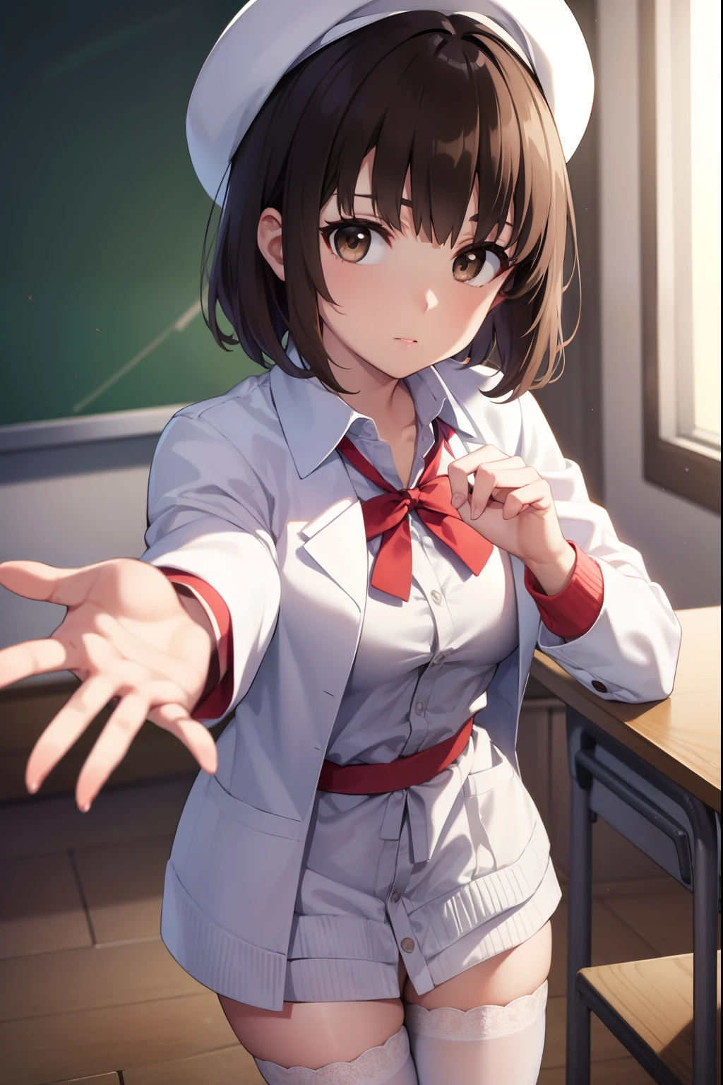 katoumegumi, megumi katou, brown hair, short hair, (brown eyes:1.7), 
BREAK hat, jacket, long sleeves, thighhighs, white headwear, white thighhighs, dress, white dress, (red jacket:1.5), (white hat:1.5), open cardigan, open clothes,
BREAK looking at viewer,
BREAK indoors, classroom,
BREAK (masterpiece:1.2), best quality, high resolution, unity 8k wallpaper, (illustration:0.8), (beautiful detailed eyes:1.6), extremely detailed face, perfect lighting, extremely detailed CG, (perfect hands, perfect anatomy),