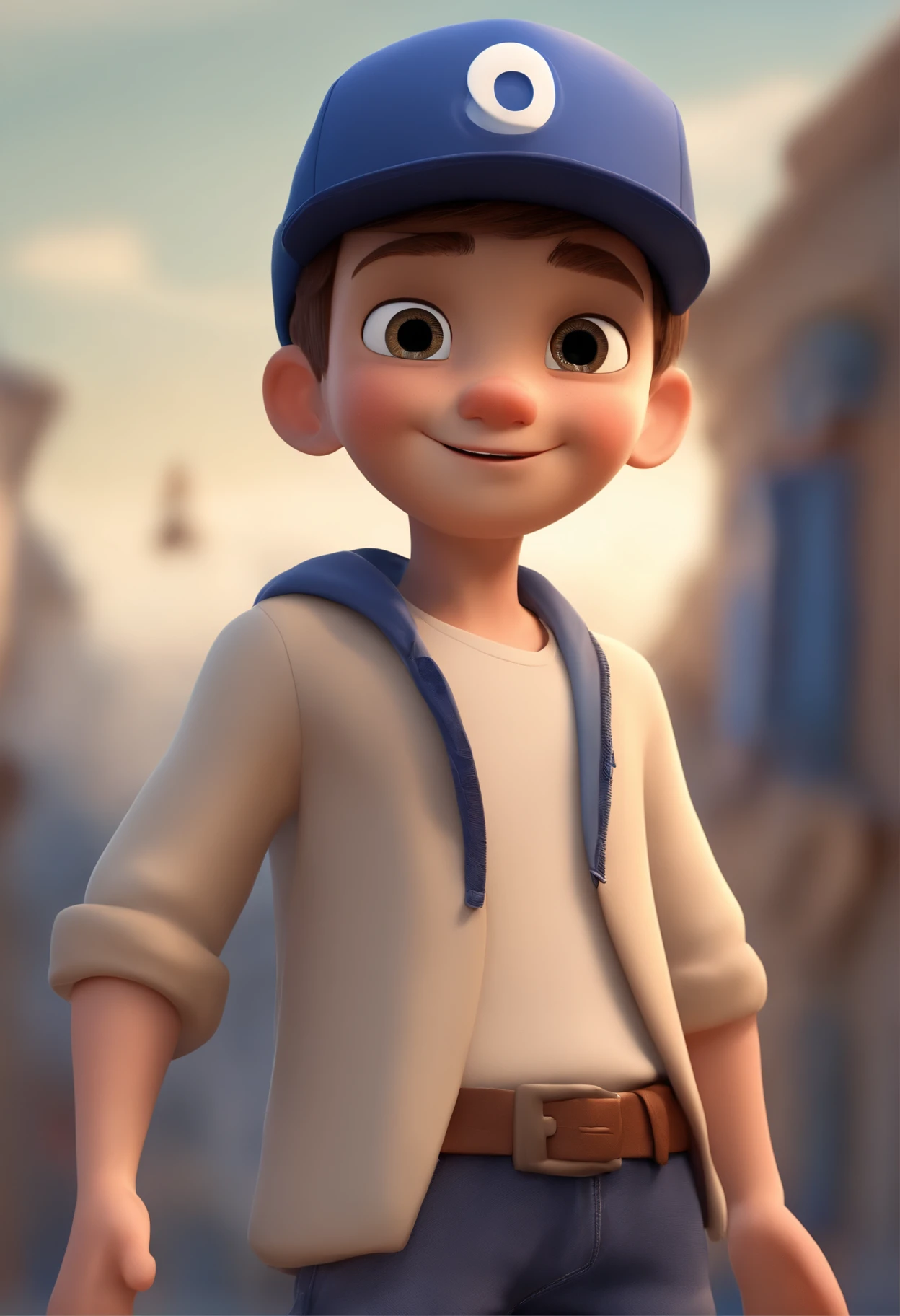 A happy cute boy standing short hair with dark blue cap , vestindo uma camisa azul , , fundo branco, barnet, Tom, Estilo Pixar, ......3d, desenhos animados, rosto detalhado, asymmetrical 16k